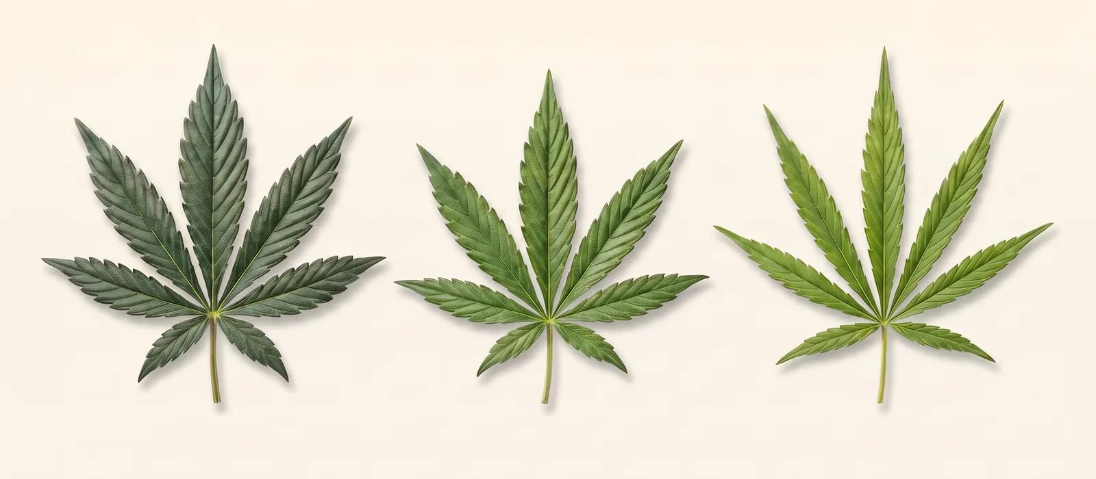 Drei Cannabisblätter im Vergleich, von der breitfingrigen dunklen Indica-Form links bis zur schmalfingrigen hellen Sativa-Form rechts