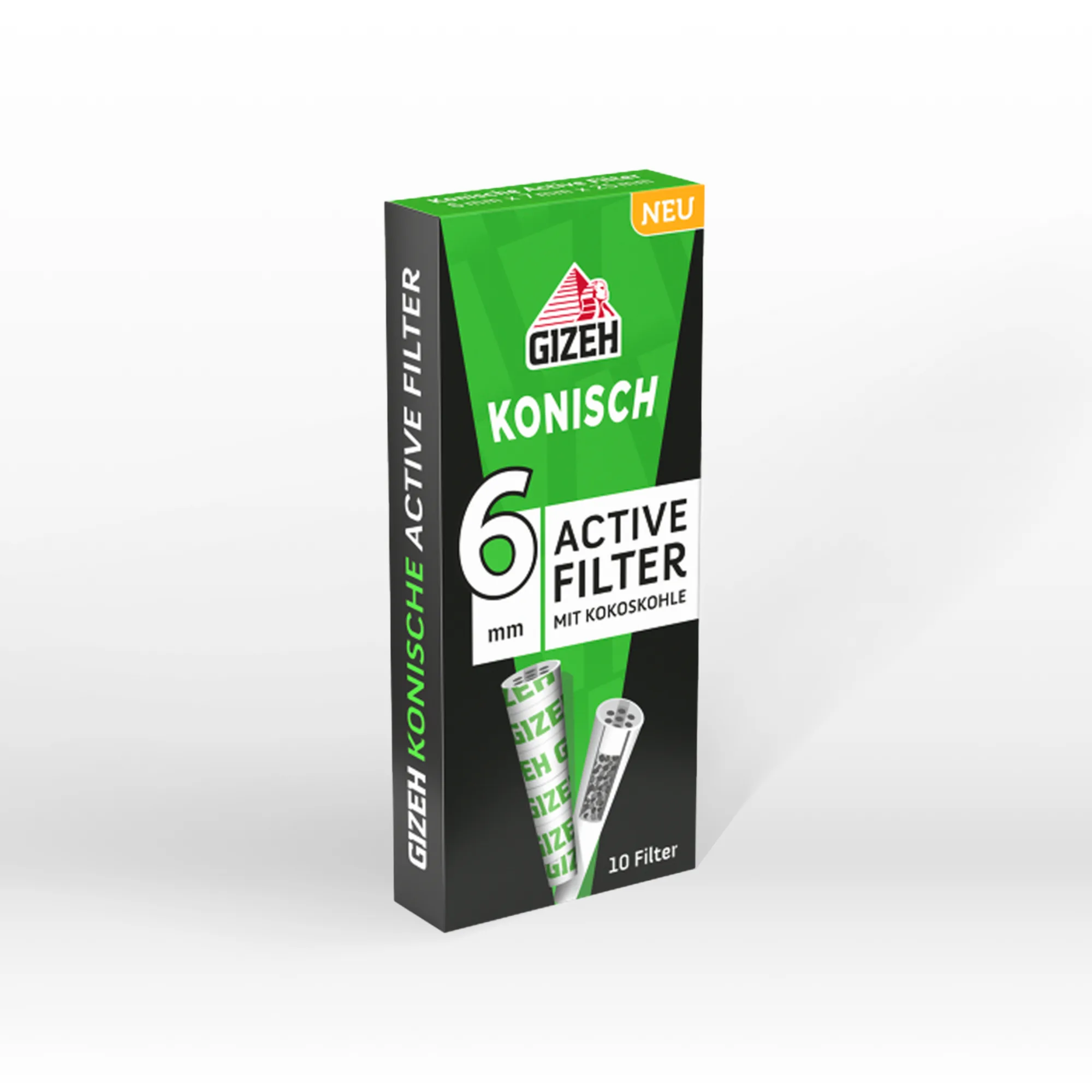 Gizeh konische Aktivfilter 6 mm mit Kokoskohle, Verpackung mit 10 Filtern