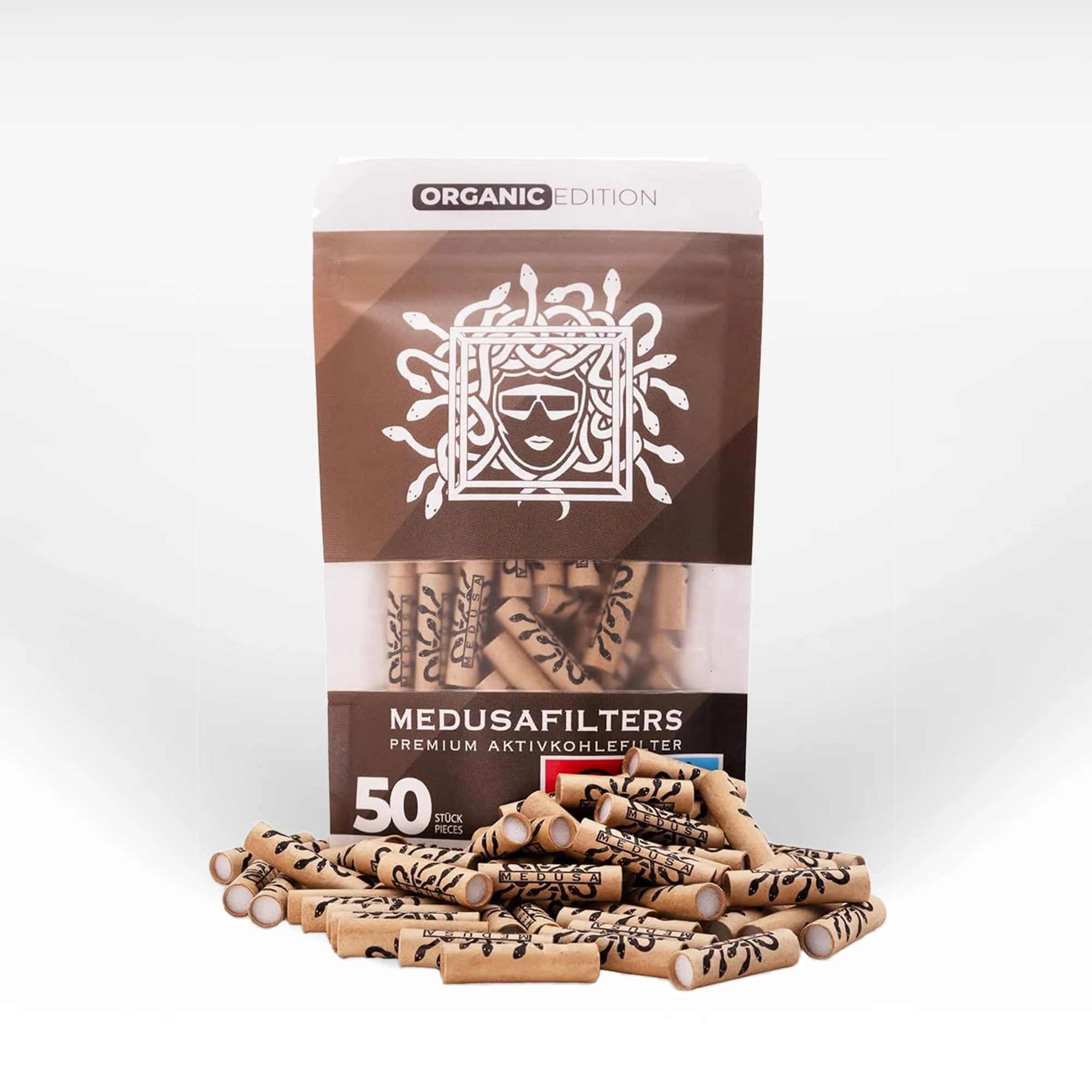 Medusa Aktivkohlefilter Packung (Organic Edition) mit 50 Stück, lose Filter im Vordergrund