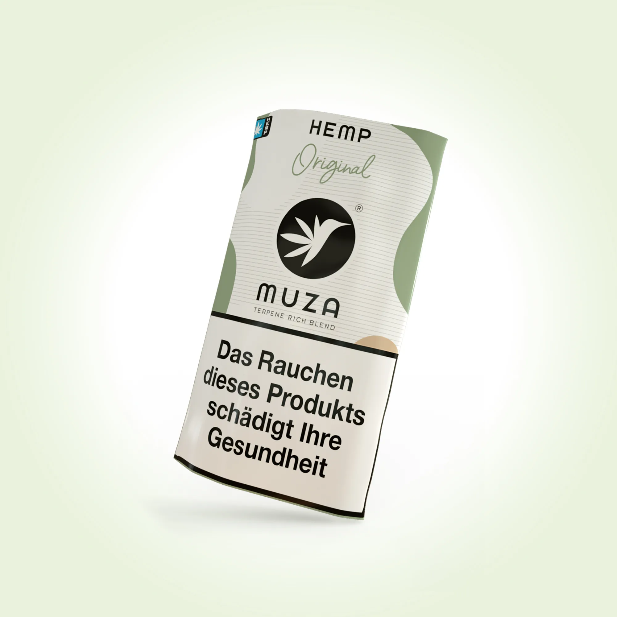 Verpackung eines MUZA Hemp Original Rauchprodukts mit Terpenen und Gesundheitswarnung