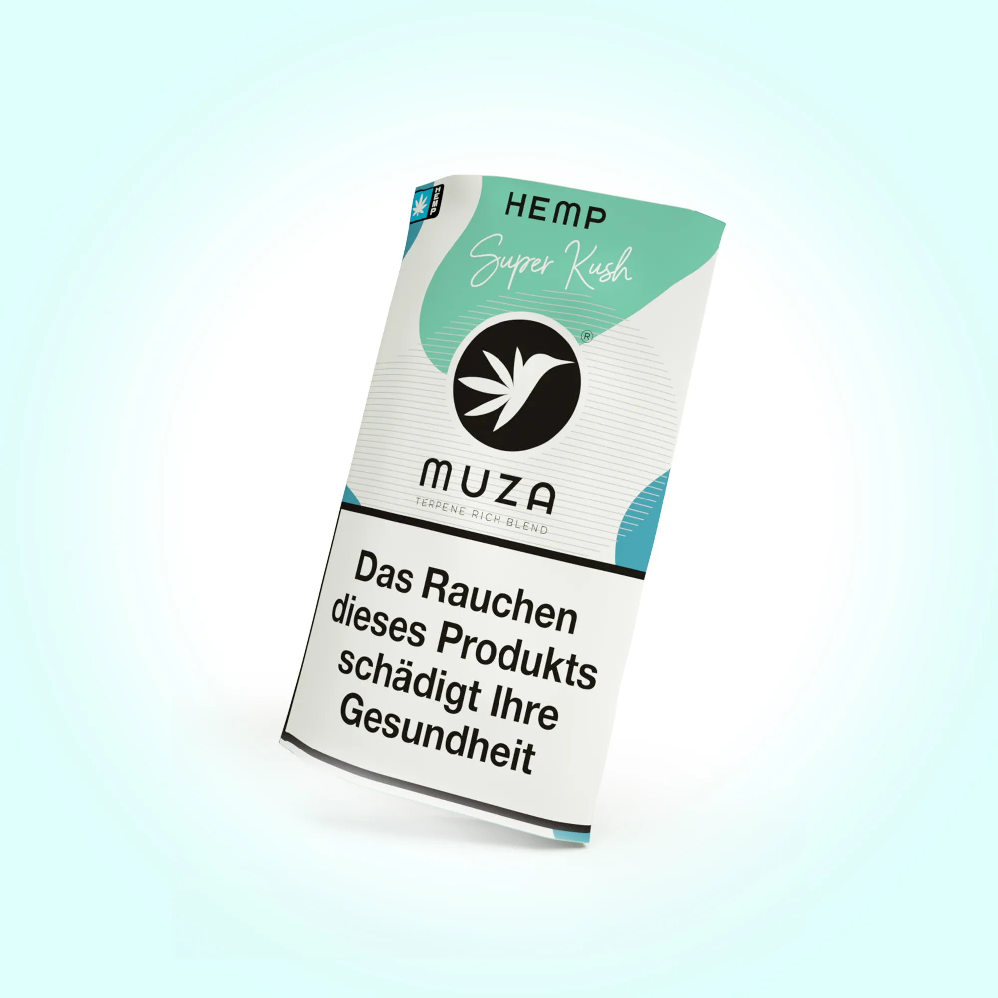 MUZA Hemp Super Kush Verpackung mit Logo und großem Warnhinweis