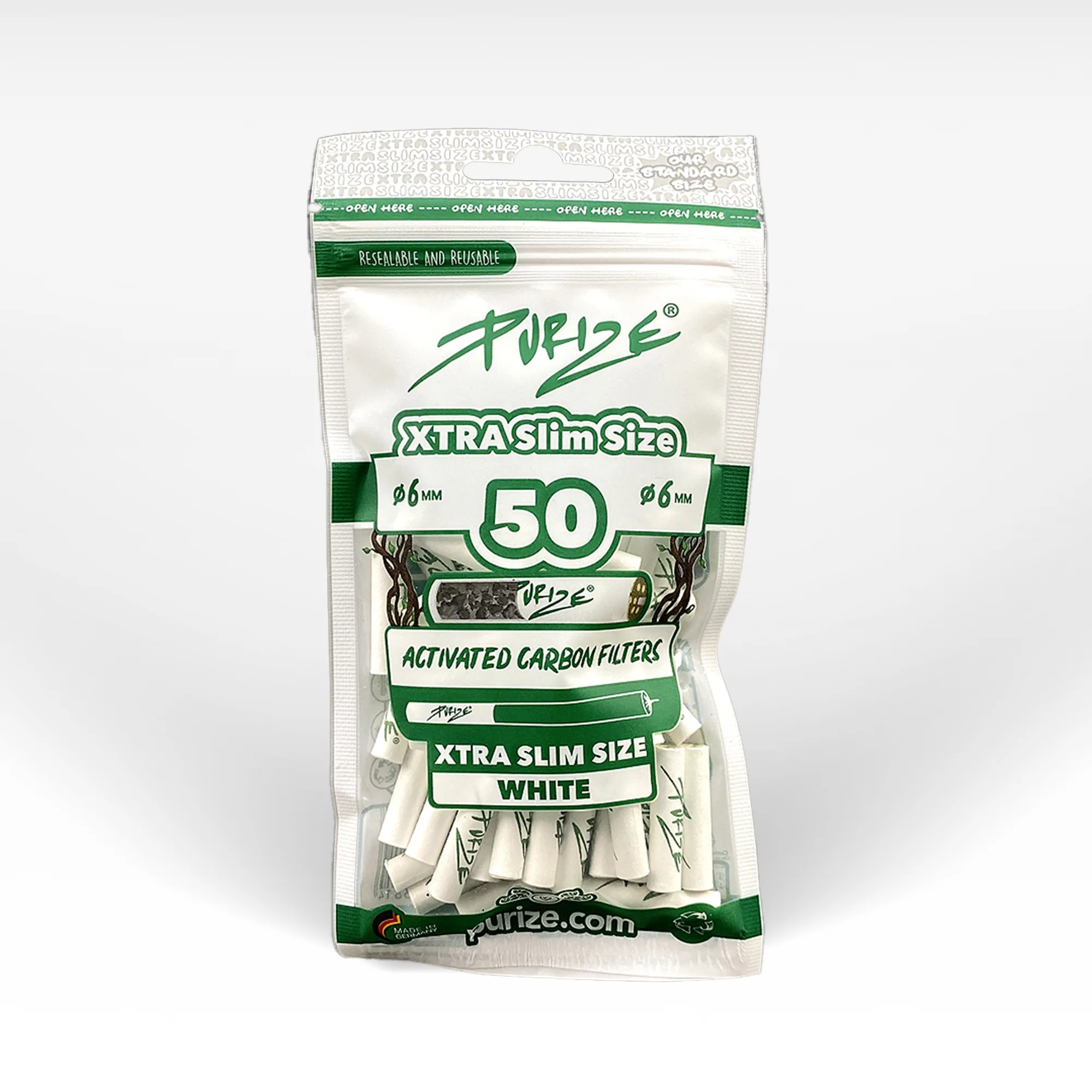 Purize XTRA Slim Aktivkohle-Filter 50 Stück, weiß, Ø6mm, wiederverschließbare Verpackung
