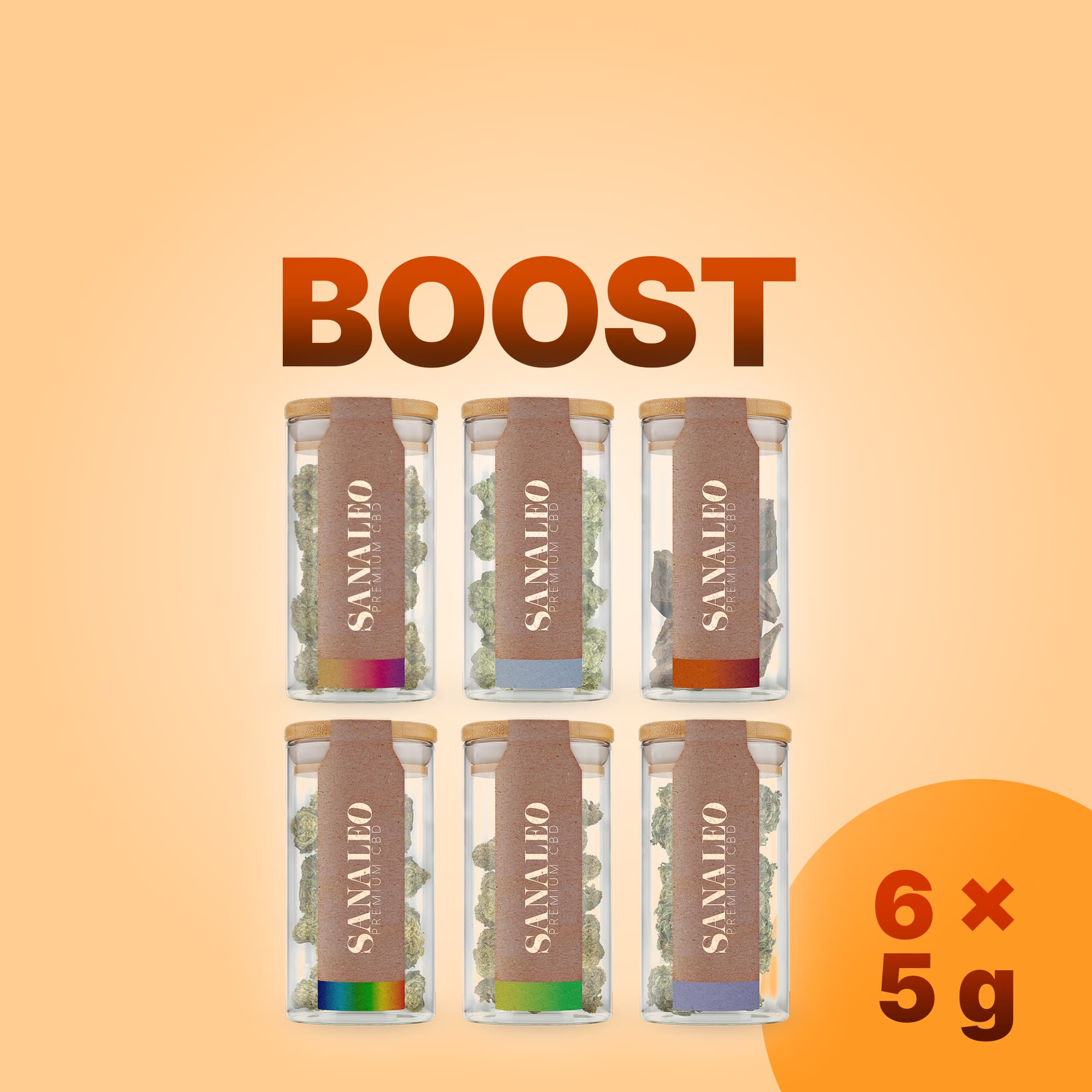 Sechs Glasdosen mit Sanaleo CBD-Blüten, 6×5 g, farbige Etiketten und Holzdeckel