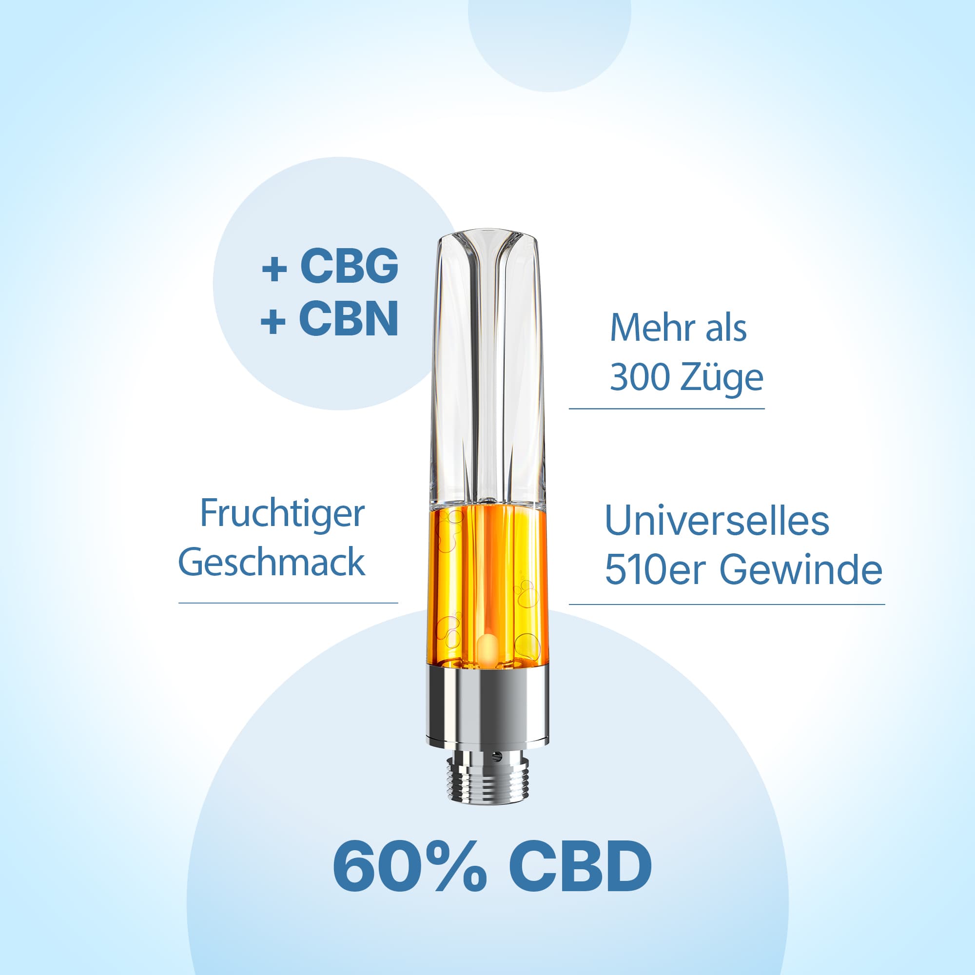 CBD Vape-Kartusche 'Blue Dream Boost' und Angaben 60% CBD, 8% CBG, 12% CBN