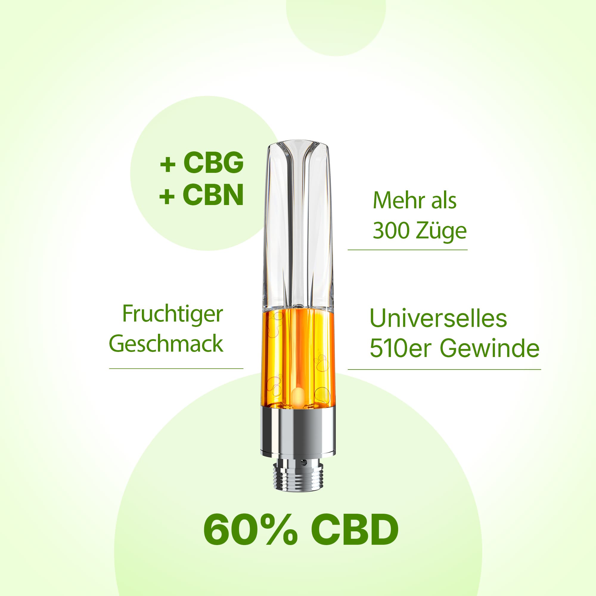 Vape-Cartridge mit goldfarbenem Öl, transparentem Mundstück, 510er Gewinde, Hinweis auf CBG & CBN