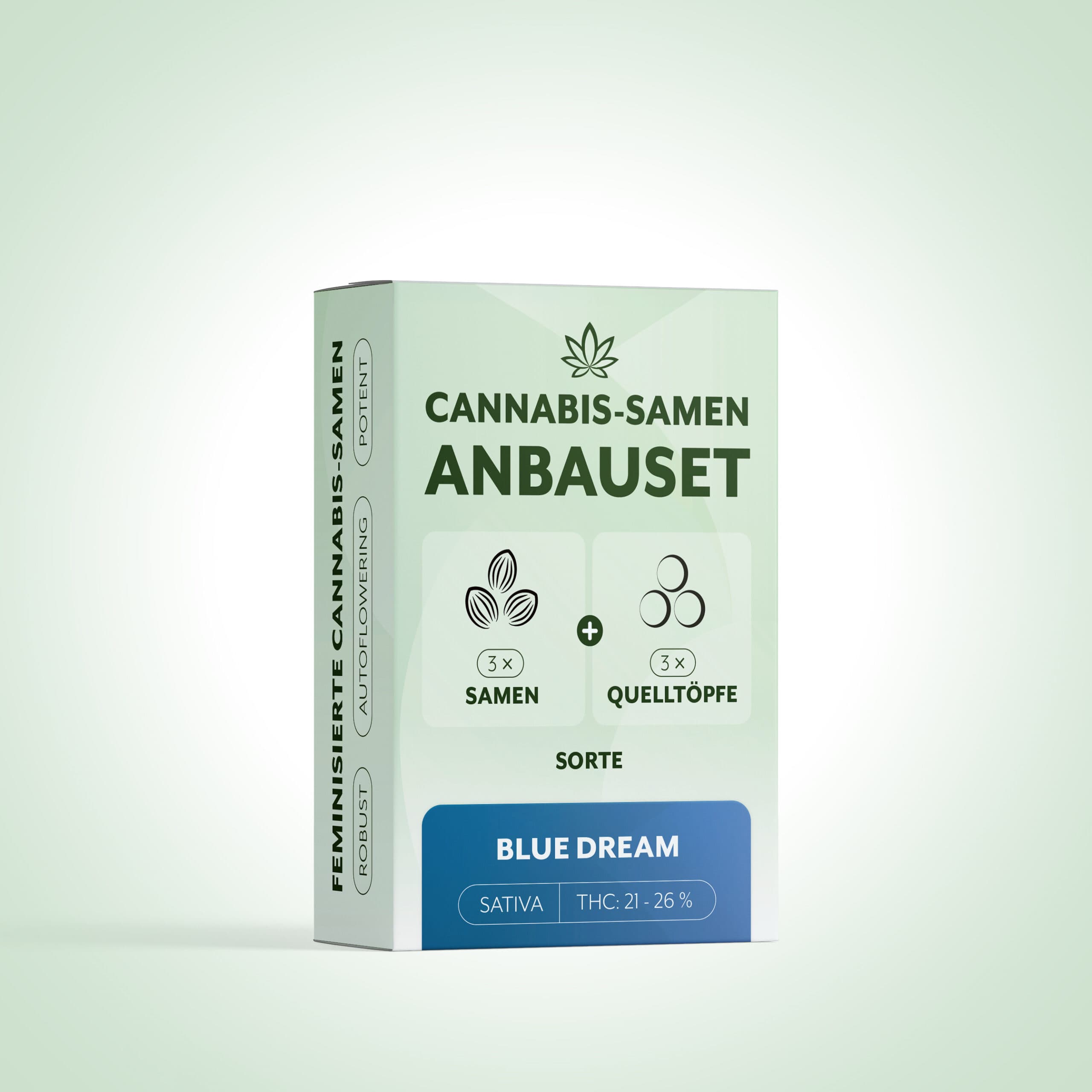 Box Anbauset Blue Dream mit 3 Samen und 3 Quelltöpfen, Sativa, THC 21–26%