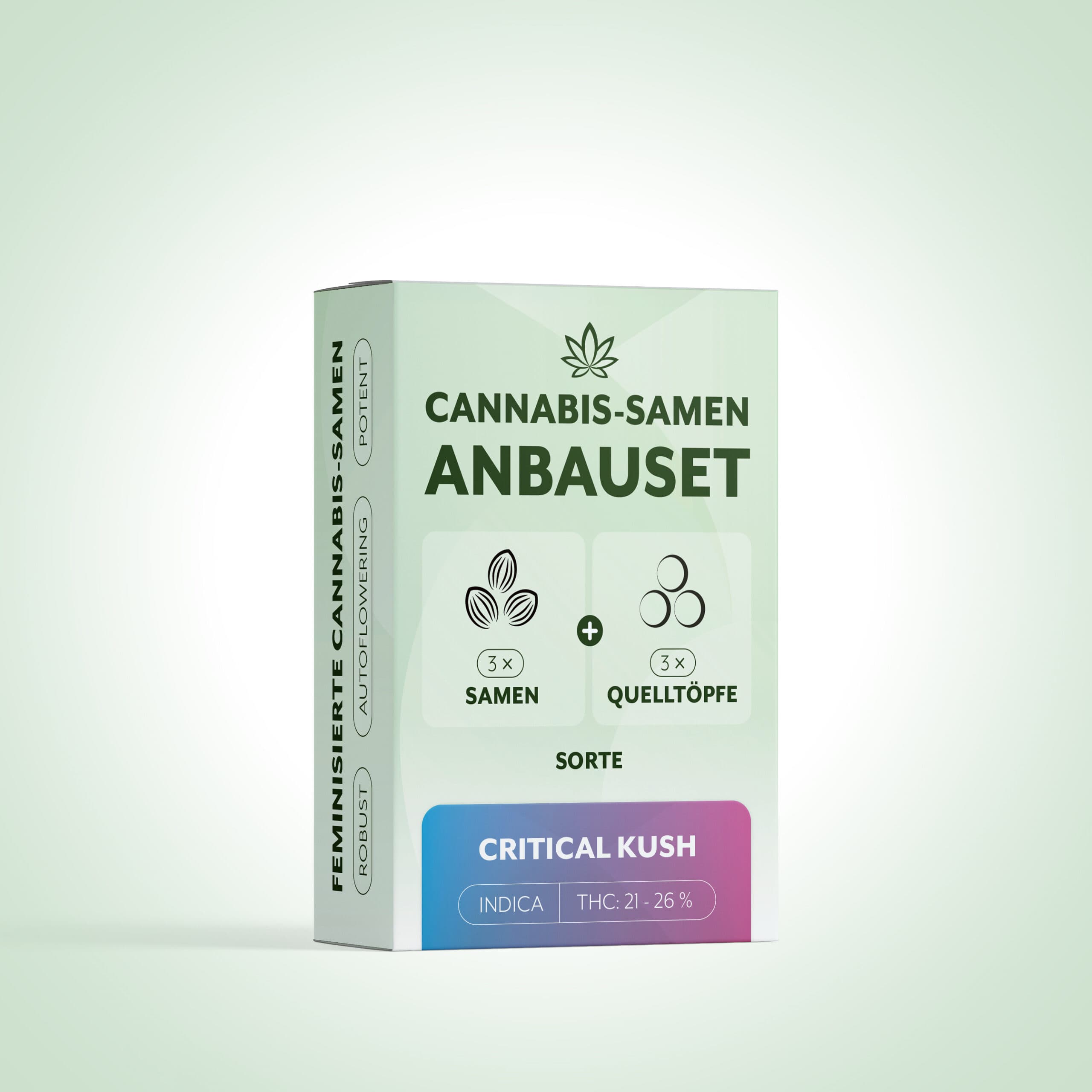 Verpacktes Cannabis-Samen Anbauset 'Critical Kush' mit 3 Samen und 3 Quelltöpfen