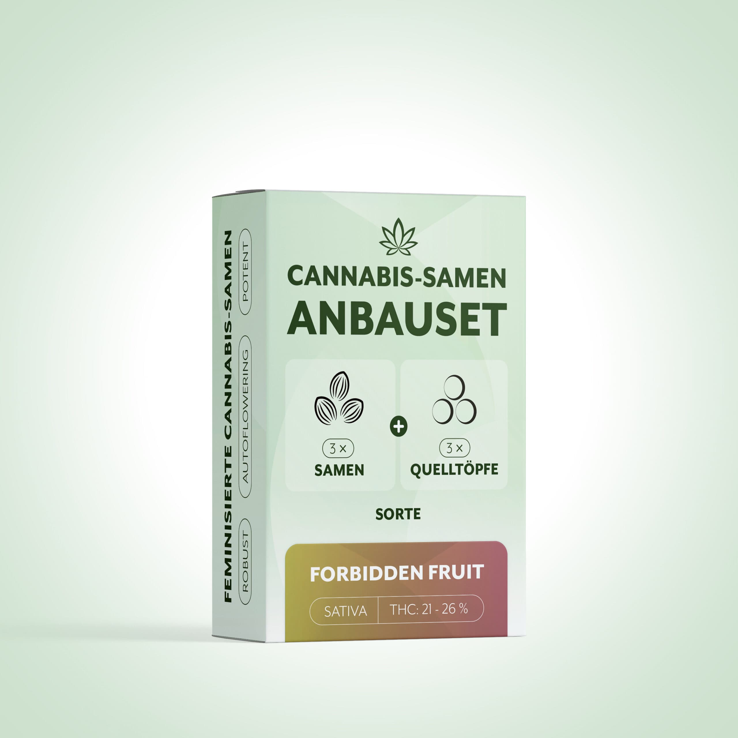 Verpackung eines Cannabis-Anbausets mit 3 Samen, 3 Quelltöpfen, Sorte Forbidden Fruit