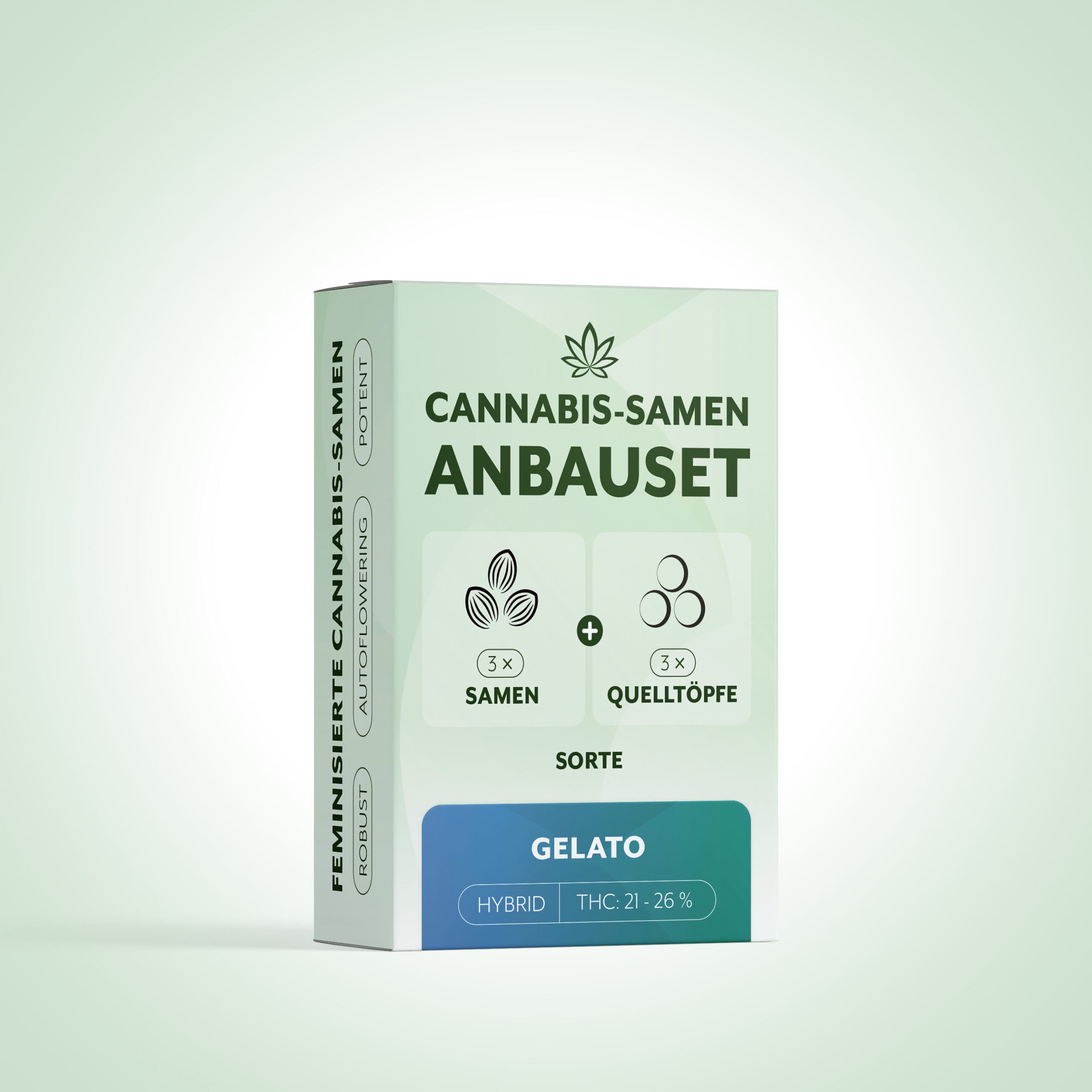 Anbauset-Verpackung Cannabis-Samen 'Gelato' mit 3× Samen und 3× Quelltöpfe, THC-Angabe