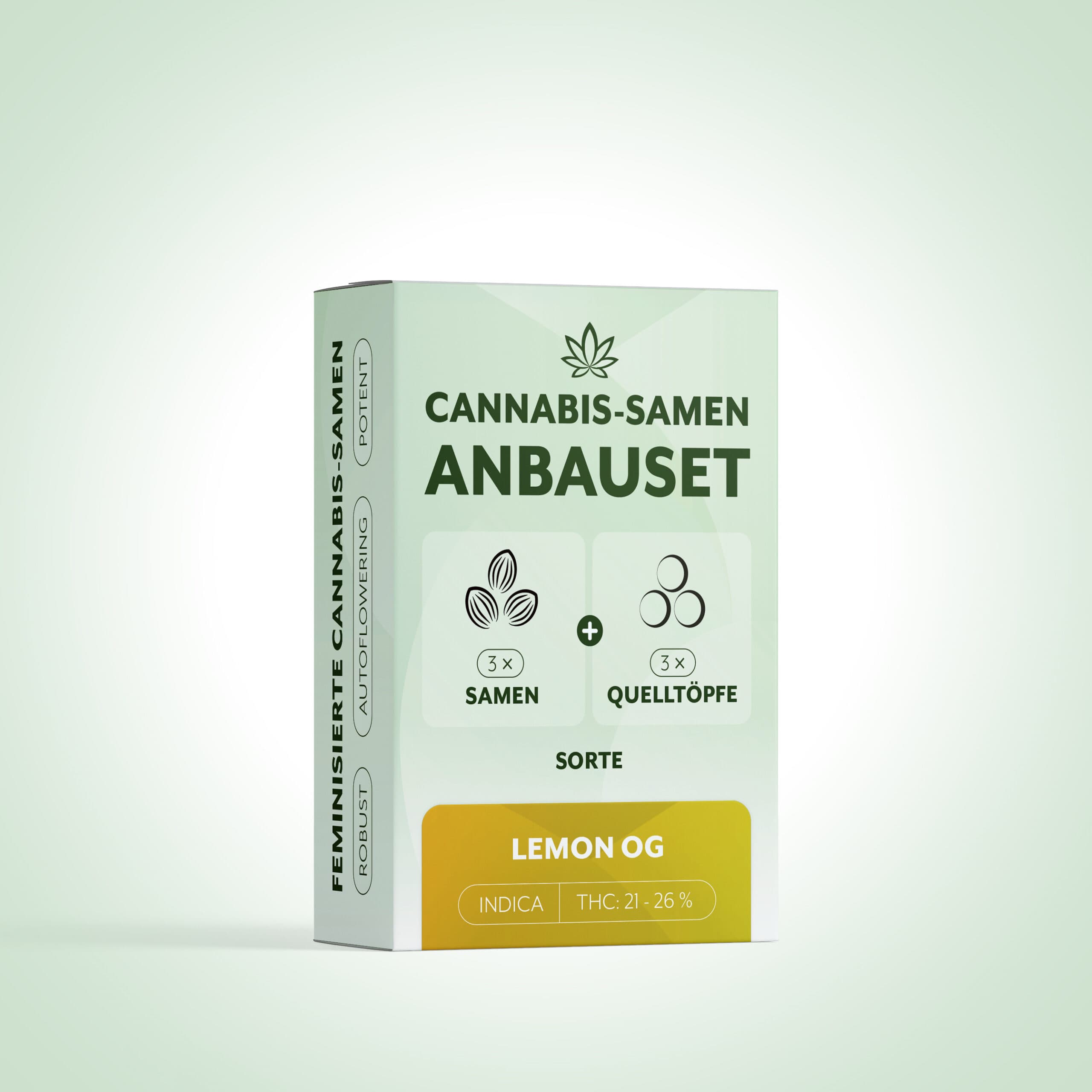 Pastellgrüne Verpackung 'Cannabis-Samen Anbauset' Lemon OG, 3× Samen und 3× Quelltöpfe