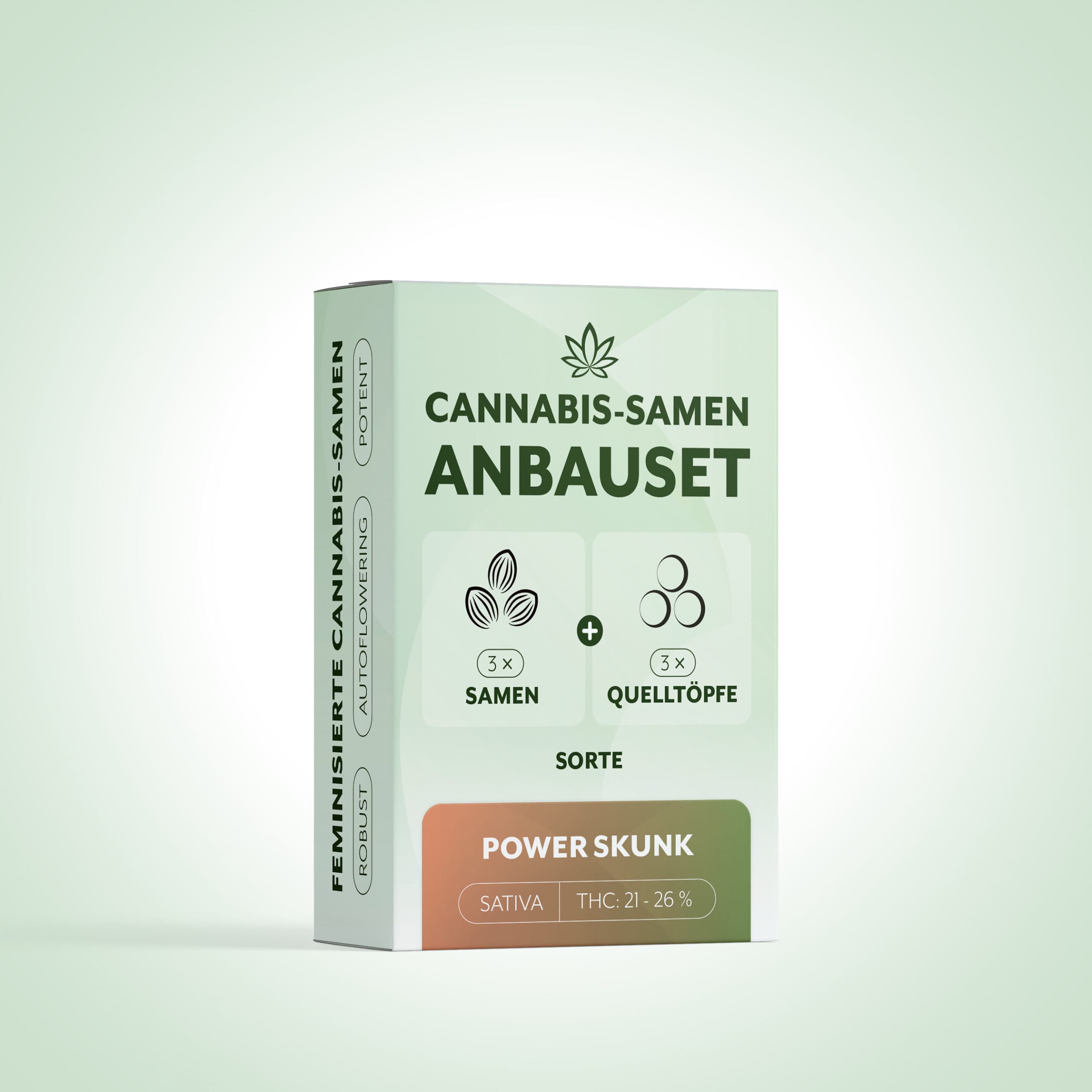 Anbauset mit 3 Samen und 3 Quelltöpfen, Power Skunk (Sativa, THC 21–26%)