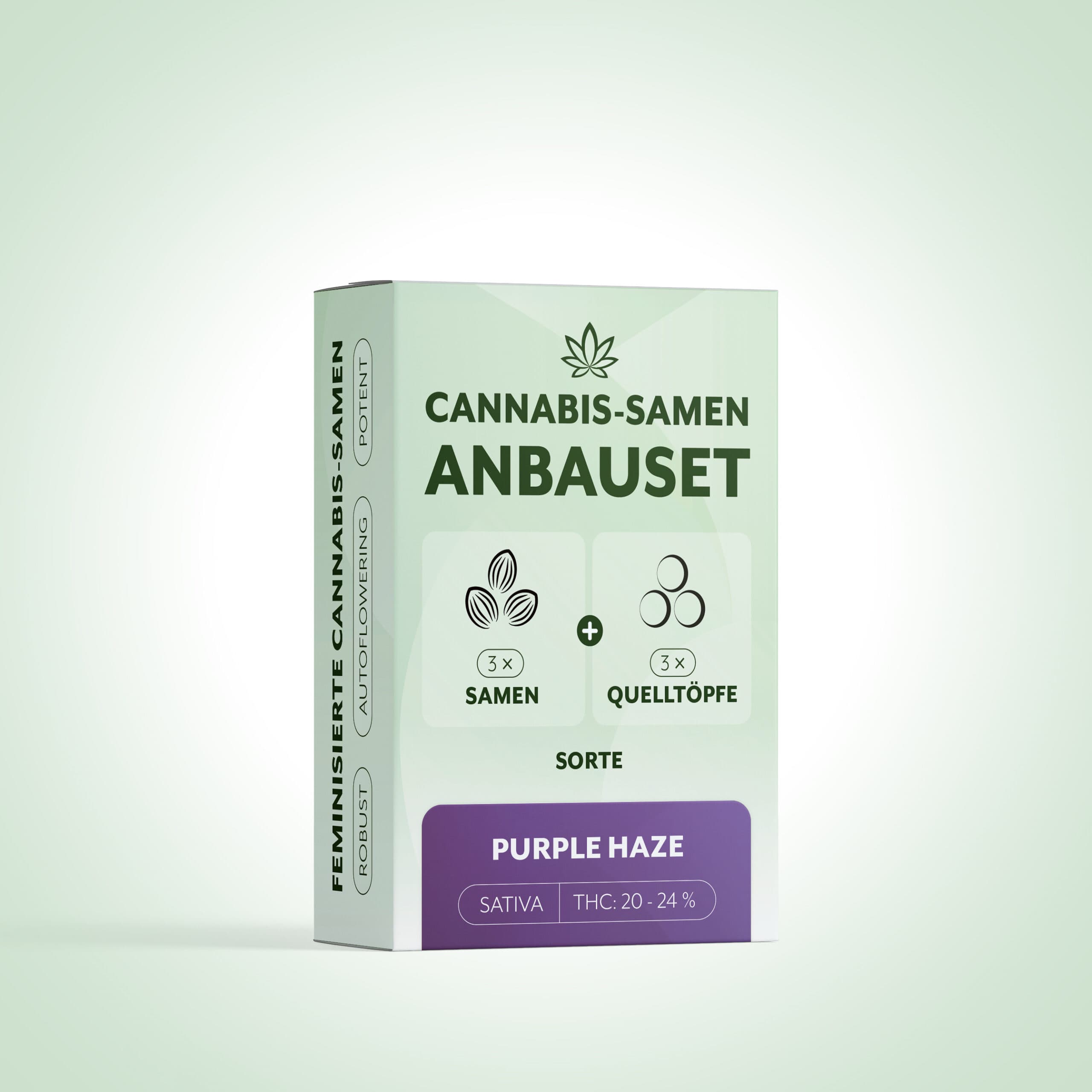 Verpackung Anbauset Cannabis-Samen 'Purple Haze', 3 Samen, 3 Quelltöpfe