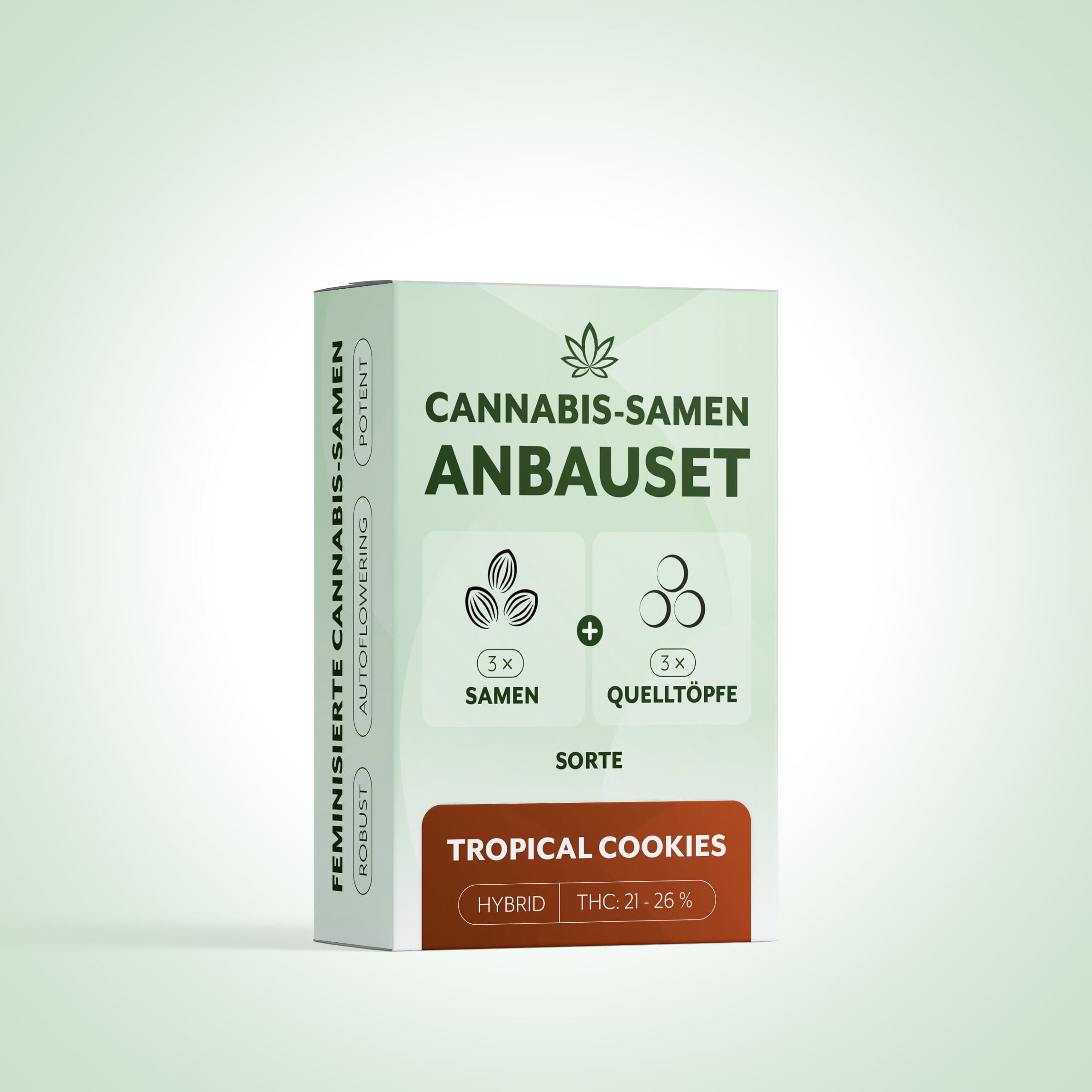 Grüne Anbauset-Verpackung mit 3 Samen und 3 Quelltöpfen, Sorte Tropical Cookies