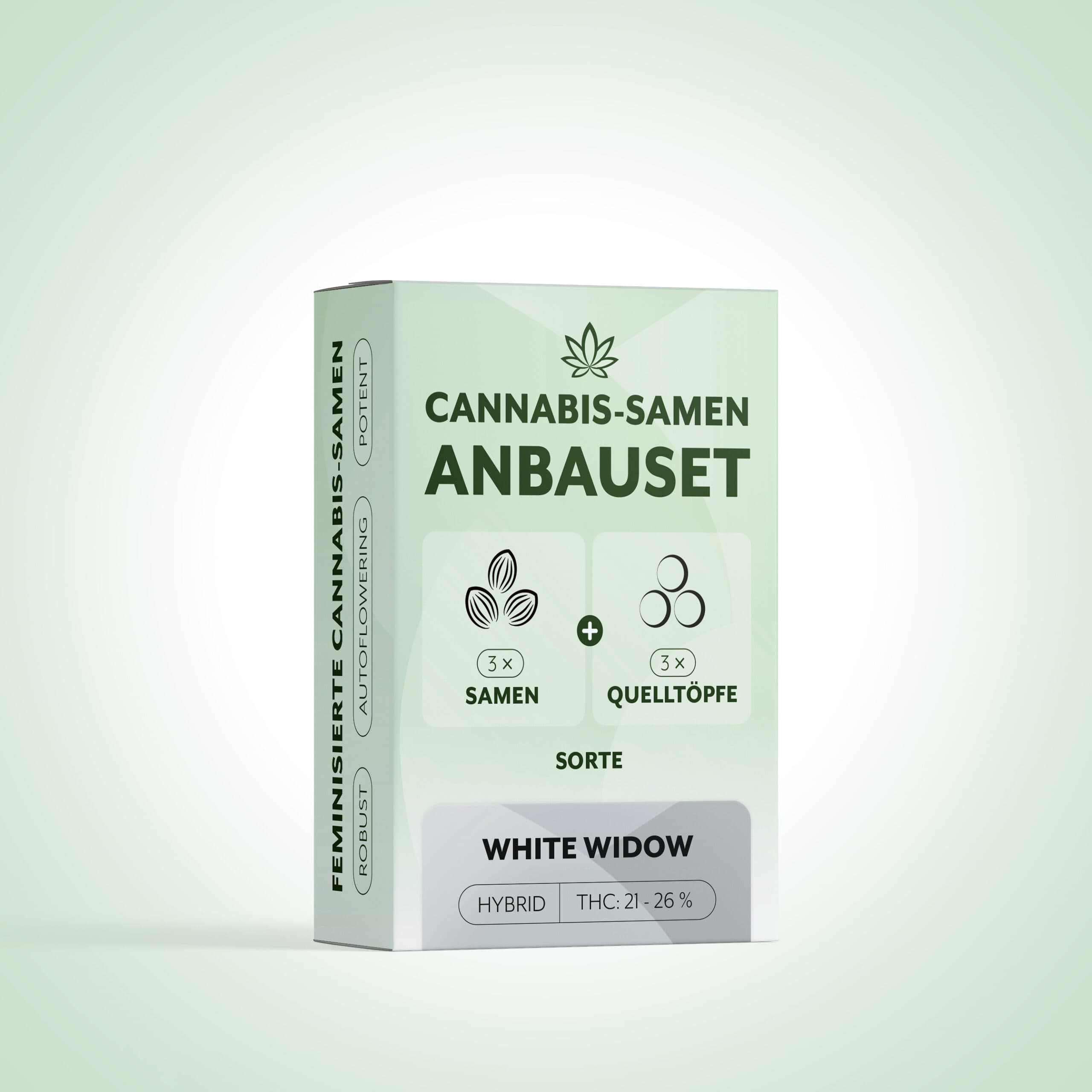 Cannabis-Anbauset White Widow, 3 Samen + 3 Quelltöpfe, feminisiert, THC 21–26%