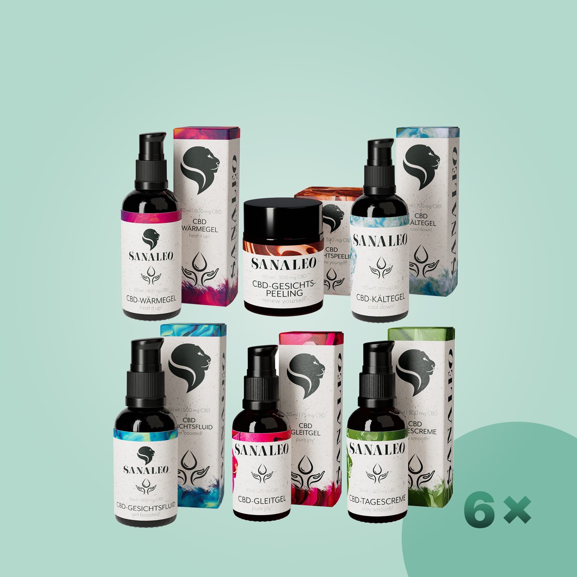 Sanaleo CBD-Pflege-Set mit Gels, Fluiden, Creme und Peeling, Pumpflaschen & Tiegel, 6x