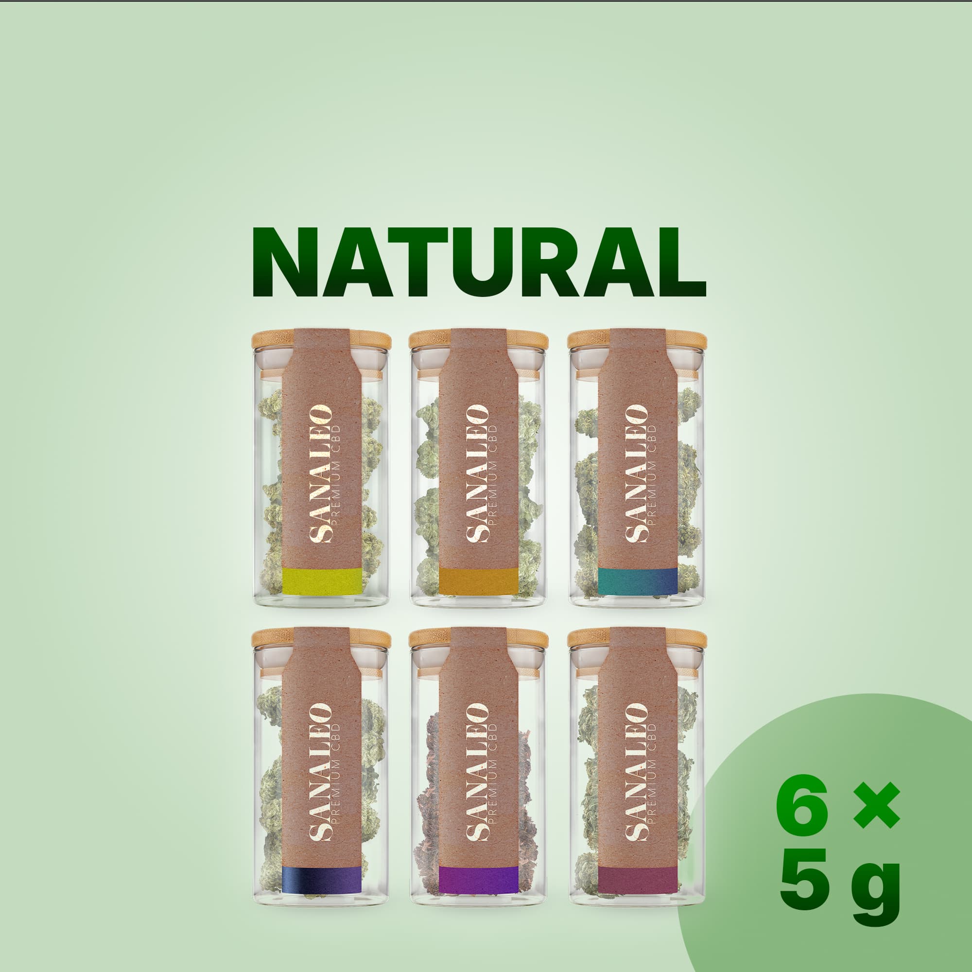 Sechs Glasdosen mit Korkdeckel und CBD-Blüten, Sanaleo Etiketten, 6×5g