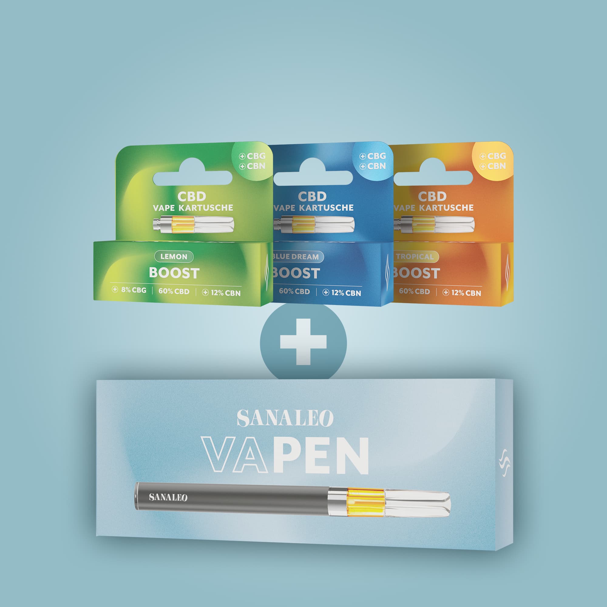 Sanaleo VAPEN Set mit drei CBD-Vape-Kartuschen (Lemon, Blue Dream, Tropical)
