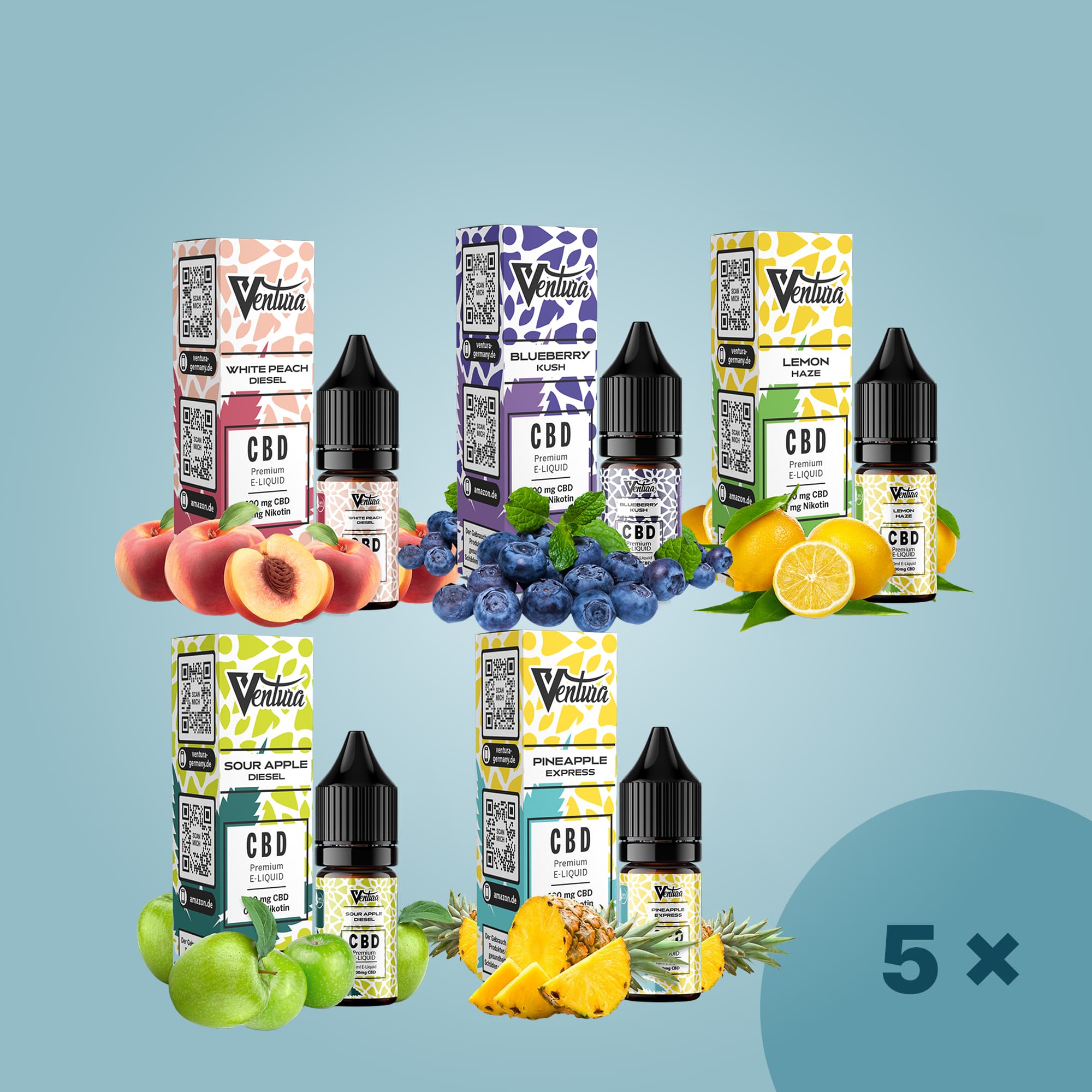 Set mit 5 Ventura CBD E-Liquids: Pfirsich, Heidelbeere, Zitrone, Apfel, Ananas