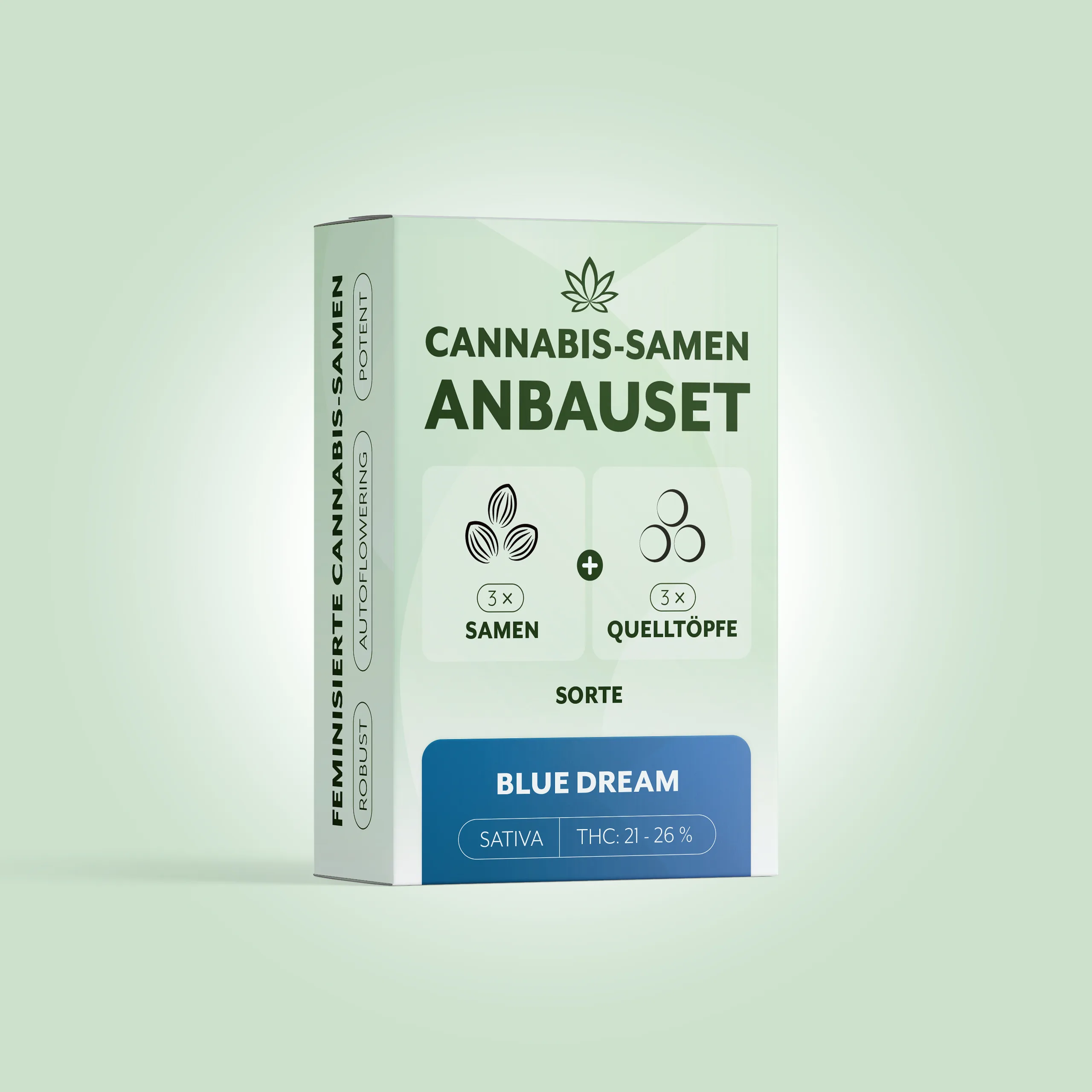Box Anbauset Blue Dream mit 3 Samen und 3 Quelltöpfen, Sativa, THC 21–26%