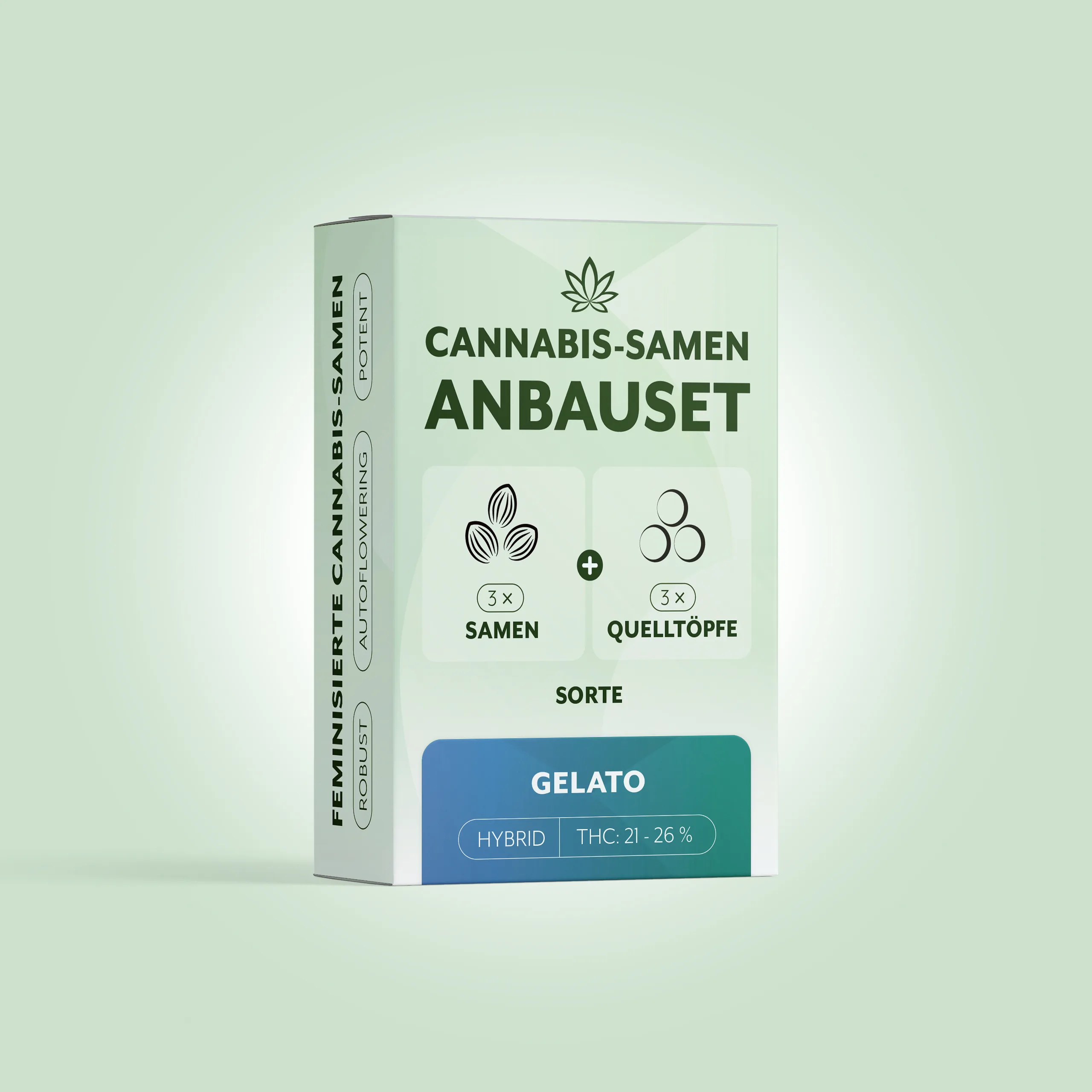 Anbauset-Verpackung Cannabis-Samen 'Gelato' mit 3× Samen und 3× Quelltöpfe, THC-Angabe