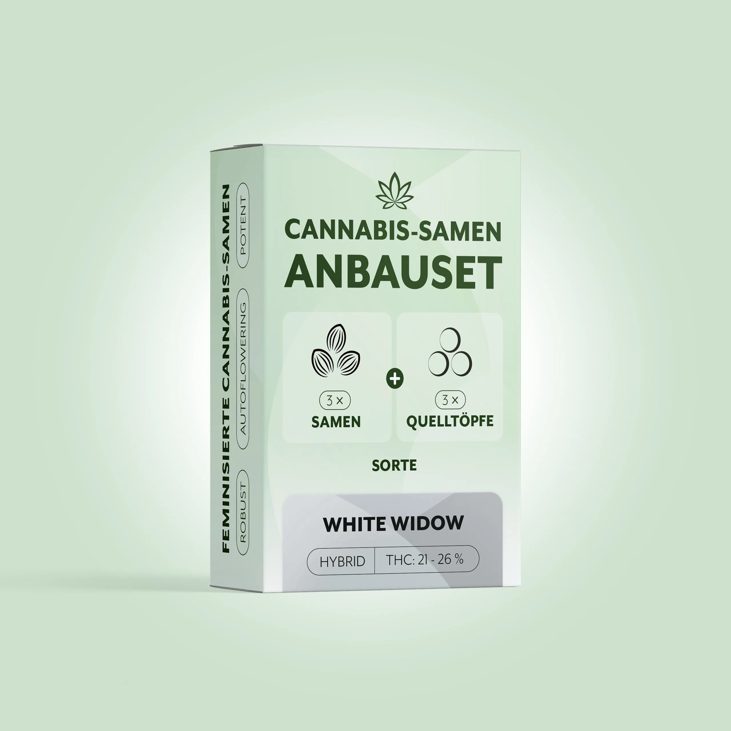Cannabis-Anbauset White Widow, 3 Samen + 3 Quelltöpfe, feminisiert, THC 21–26%
