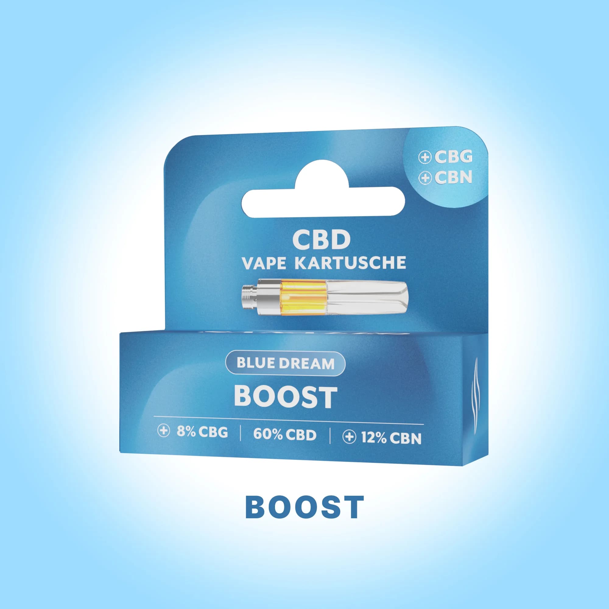 Blaue Verpackung mit CBD Vape-Kartusche 'Blue Dream Boost' und Angaben 60% CBD, 8% CBG, 12% CBN