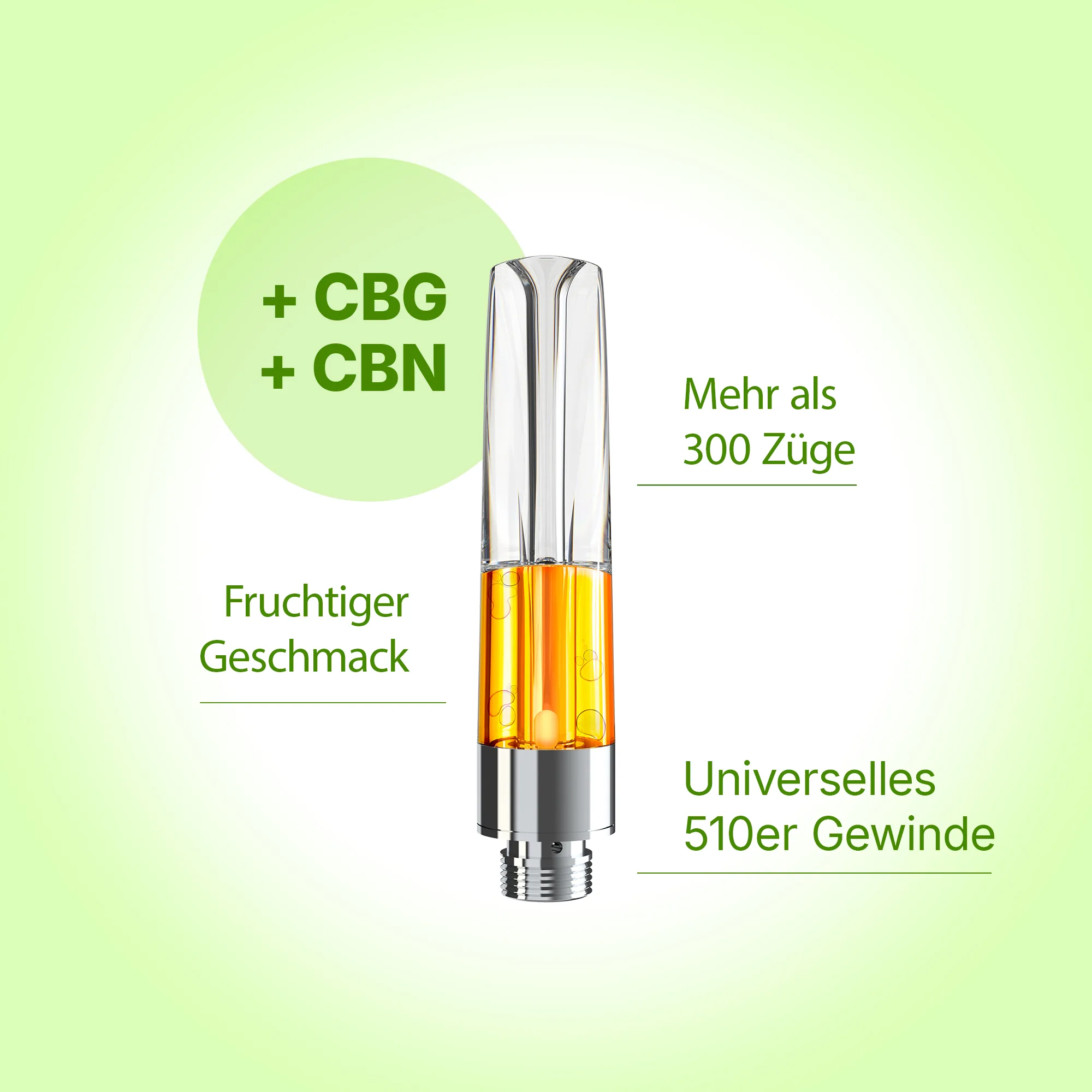 Vape-Cartridge mit goldfarbenem Öl, transparentem Mundstück, 510er Gewinde, Hinweis auf CBG & CBN