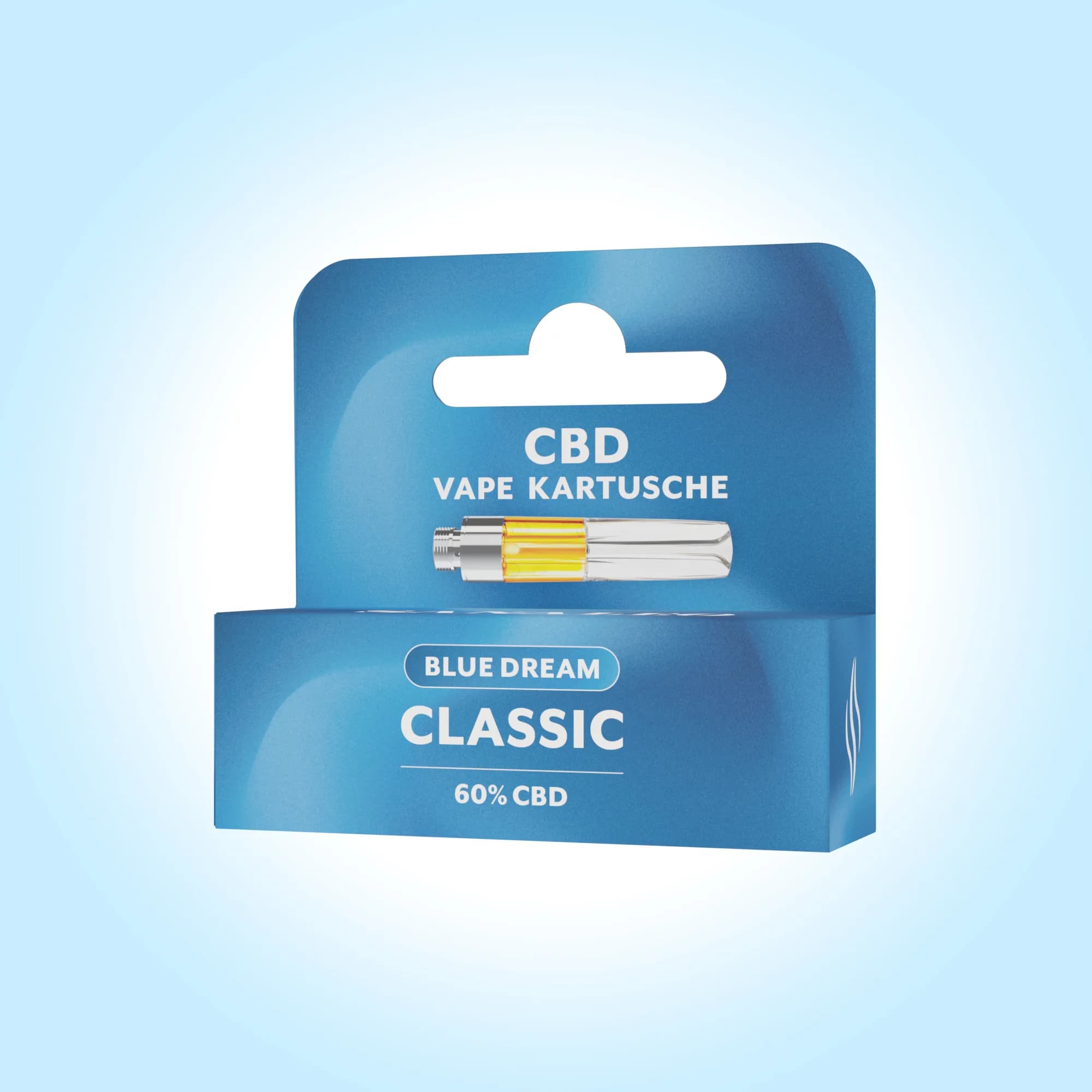 Blaue Verpackung einer CBD Vape-Kartusche 'Blue Dream Classic' mit 60% CBD.