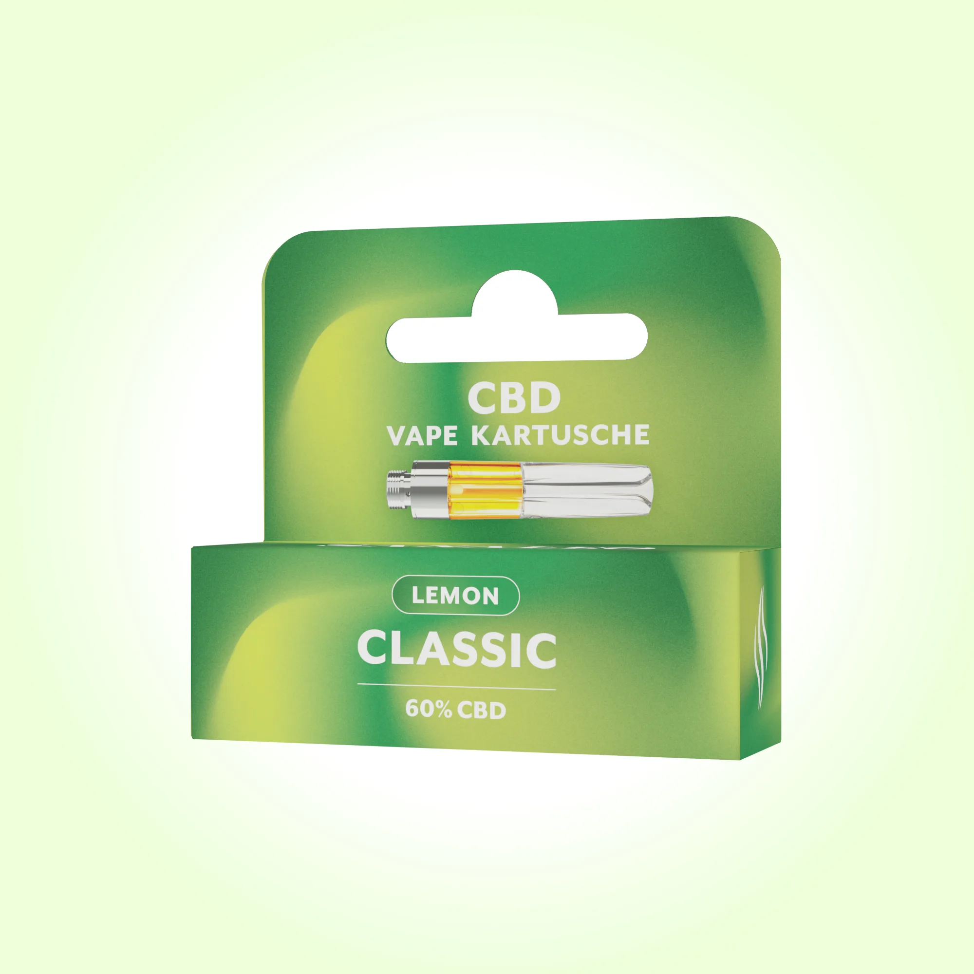 Grüne Verpackung einer CBD-Vape-Kartusche 'Lemon Classic' mit 60% CBD, transparente Kartusche sichtbar