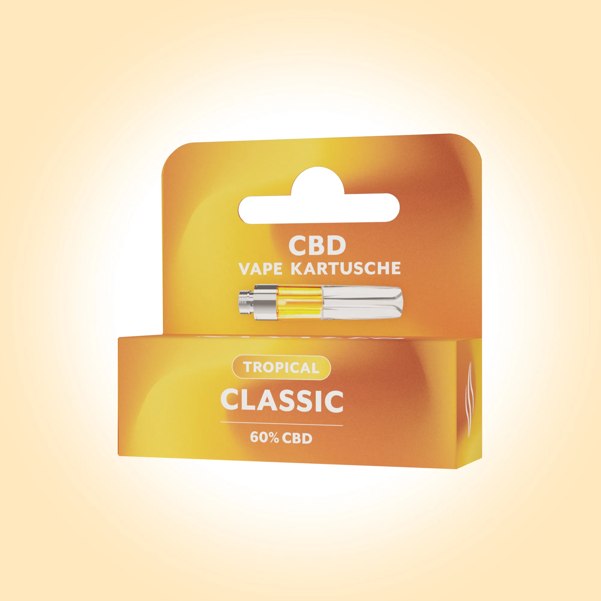 Orange Verpackung mit CBD-Vape-Kartusche 'Tropical Classic' und 60% CBD