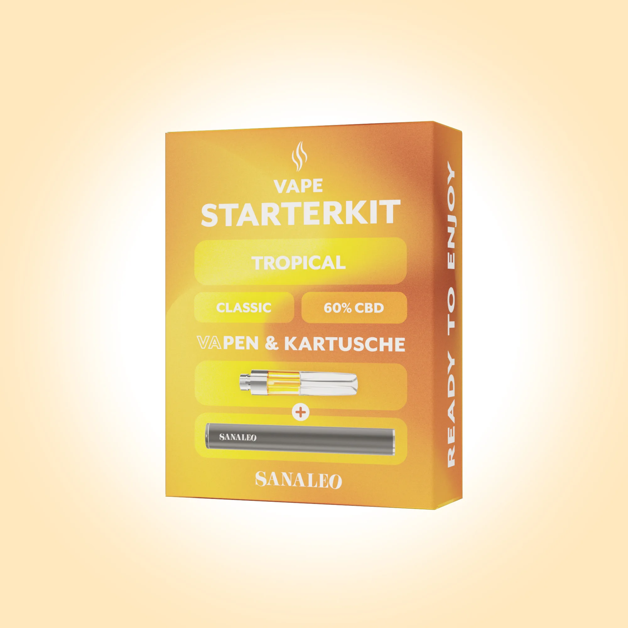Gelbes Vape Starterkit mit Pen und Kartusche, Tropical Geschmack, 60% CBD, Marke Sanaleo