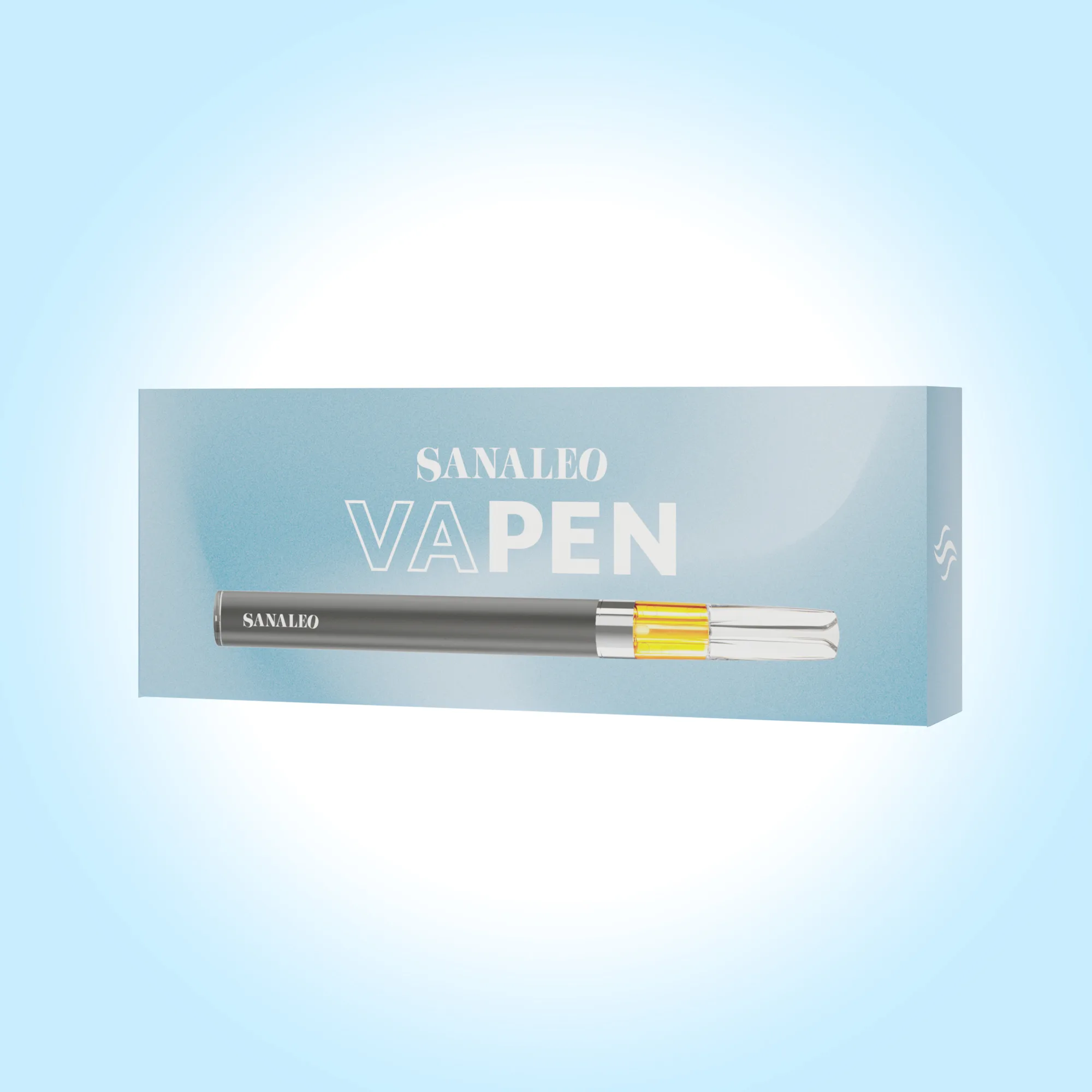 Sanaleo VAPEN Vape-Pen mit sichtbarer Öl-Kartusche, grauem Akku und Verpackung