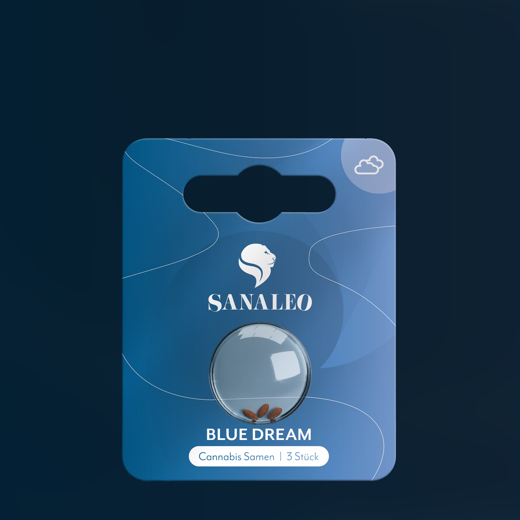 Blaues Sanaleo Paket Blue Dream mit 3 sichtbaren Cannabis-Samen im Blister