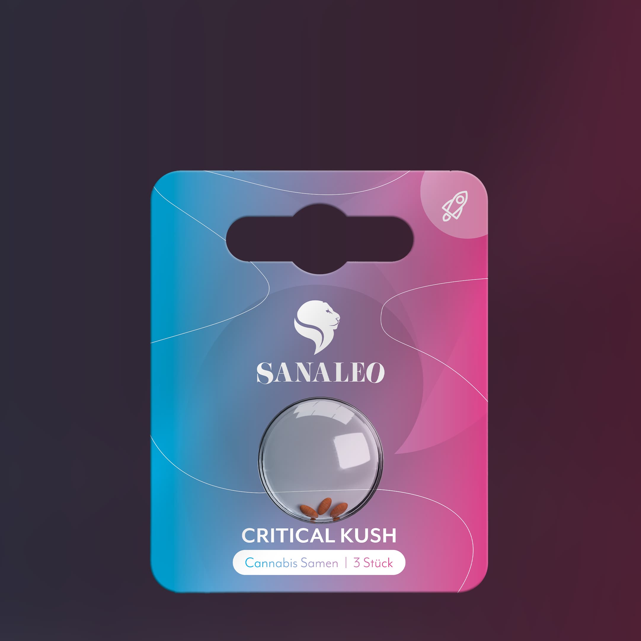 Sanaleo Critical Kush Verpackung mit Blister und 3 Cannabis-Samen, blau-pinkes Design.
