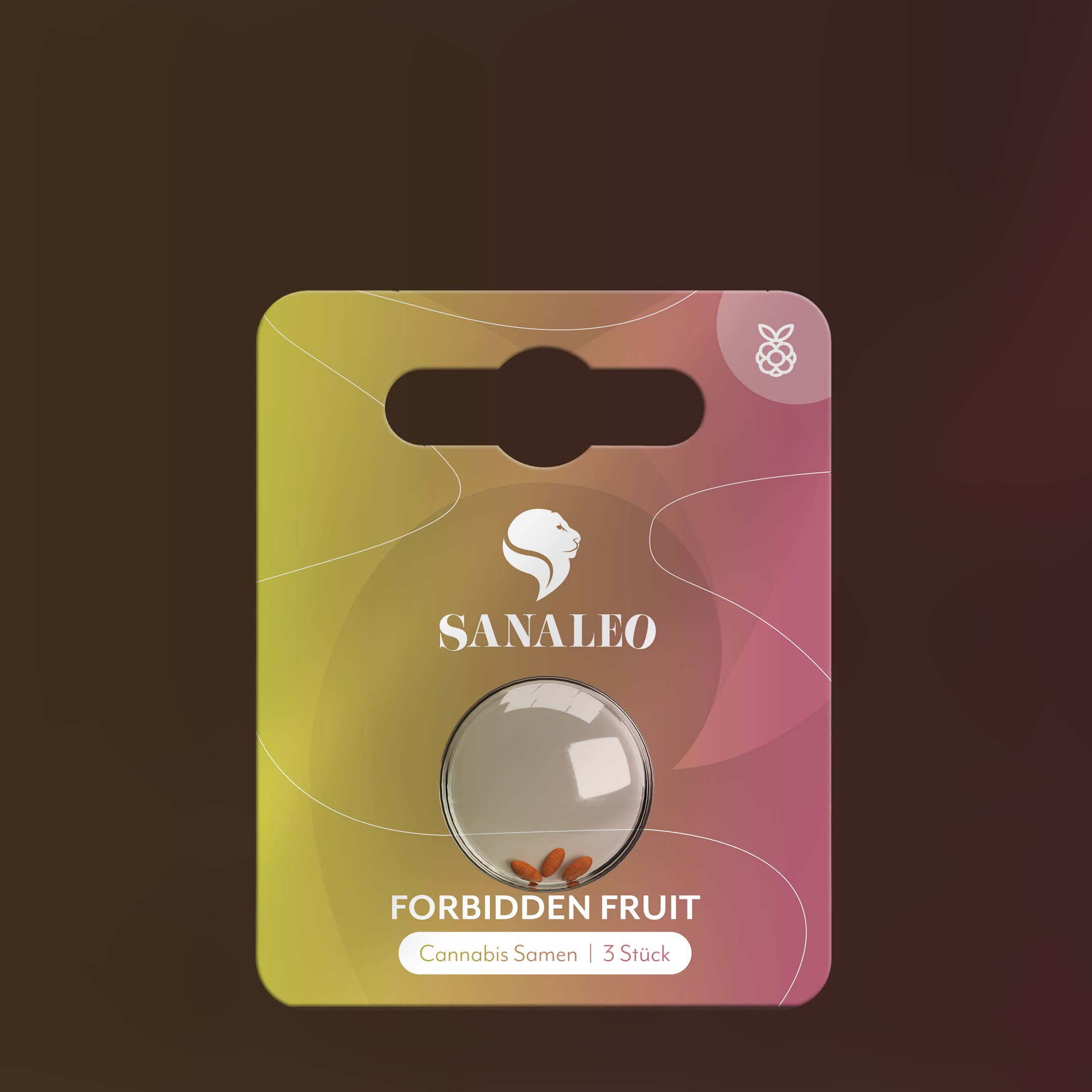 Sanaleo Forbidden Fruit Cannabis Samen Verpackung mit durchsichtigem Blister und 3 Samen