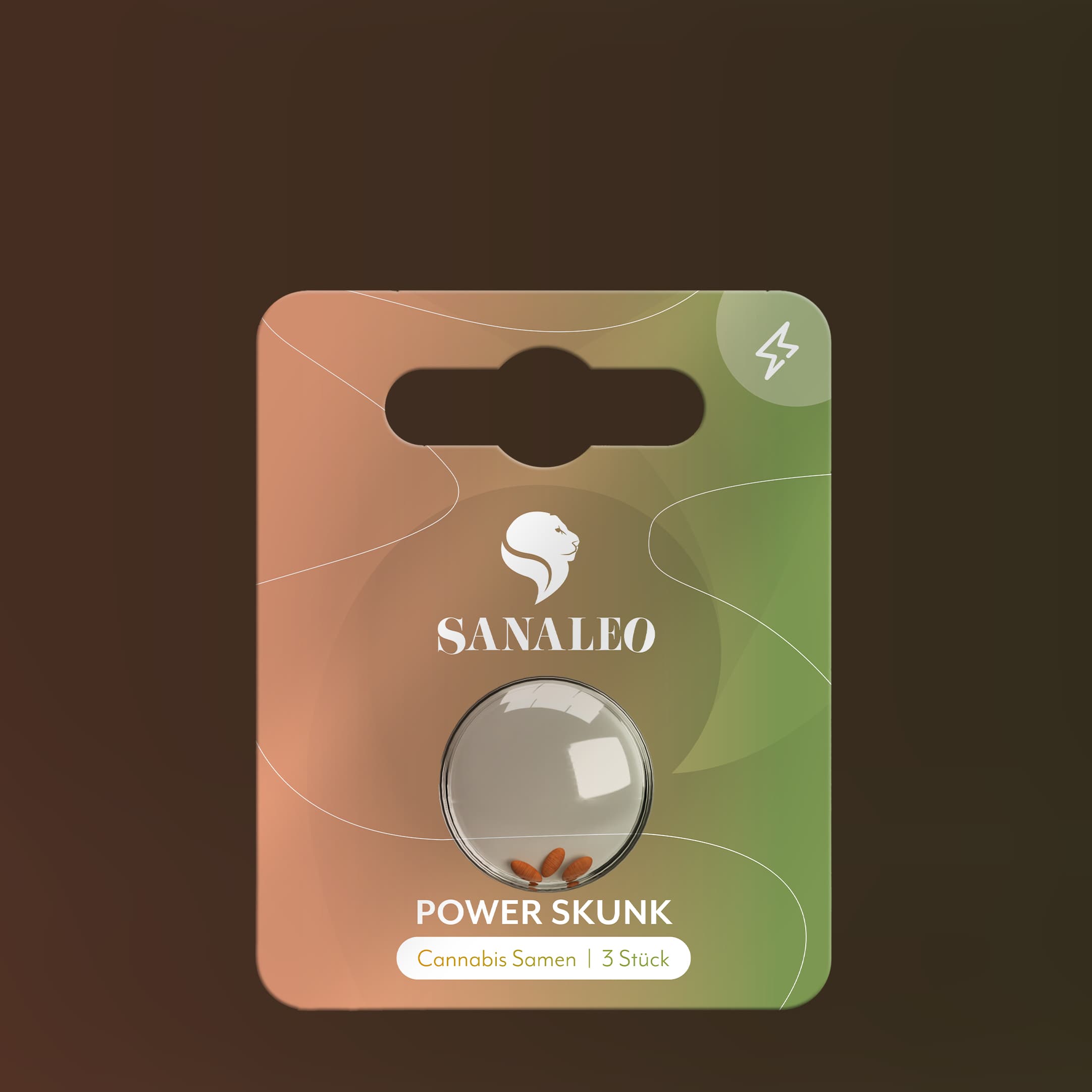 Verpackung mit Sanaleo Power Skunk Cannabis-Samen, Blister mit 3 Samen