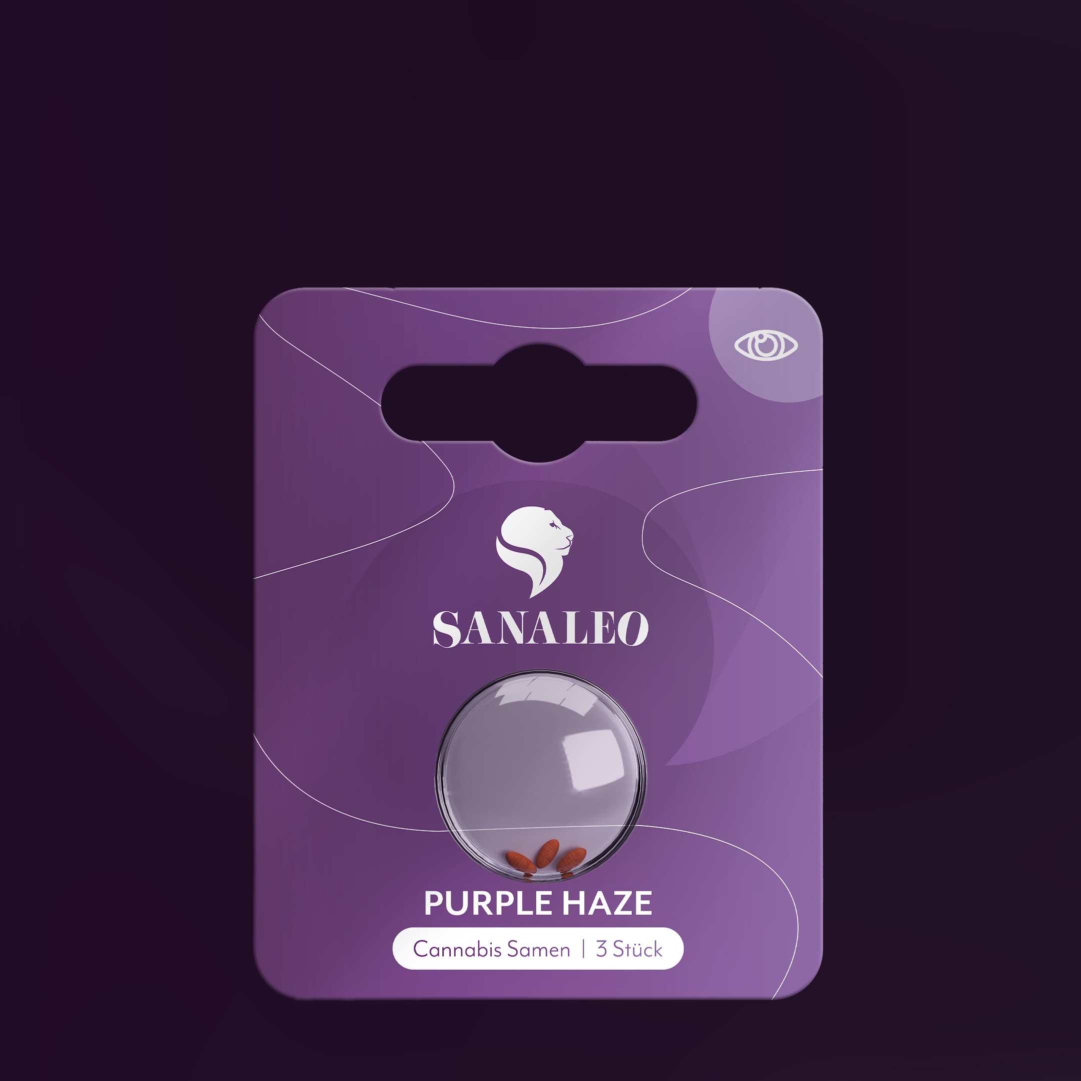 Sanaleo Purple Haze Cannabis-Samen Verpackung, 3 Stück im Sichtfenster