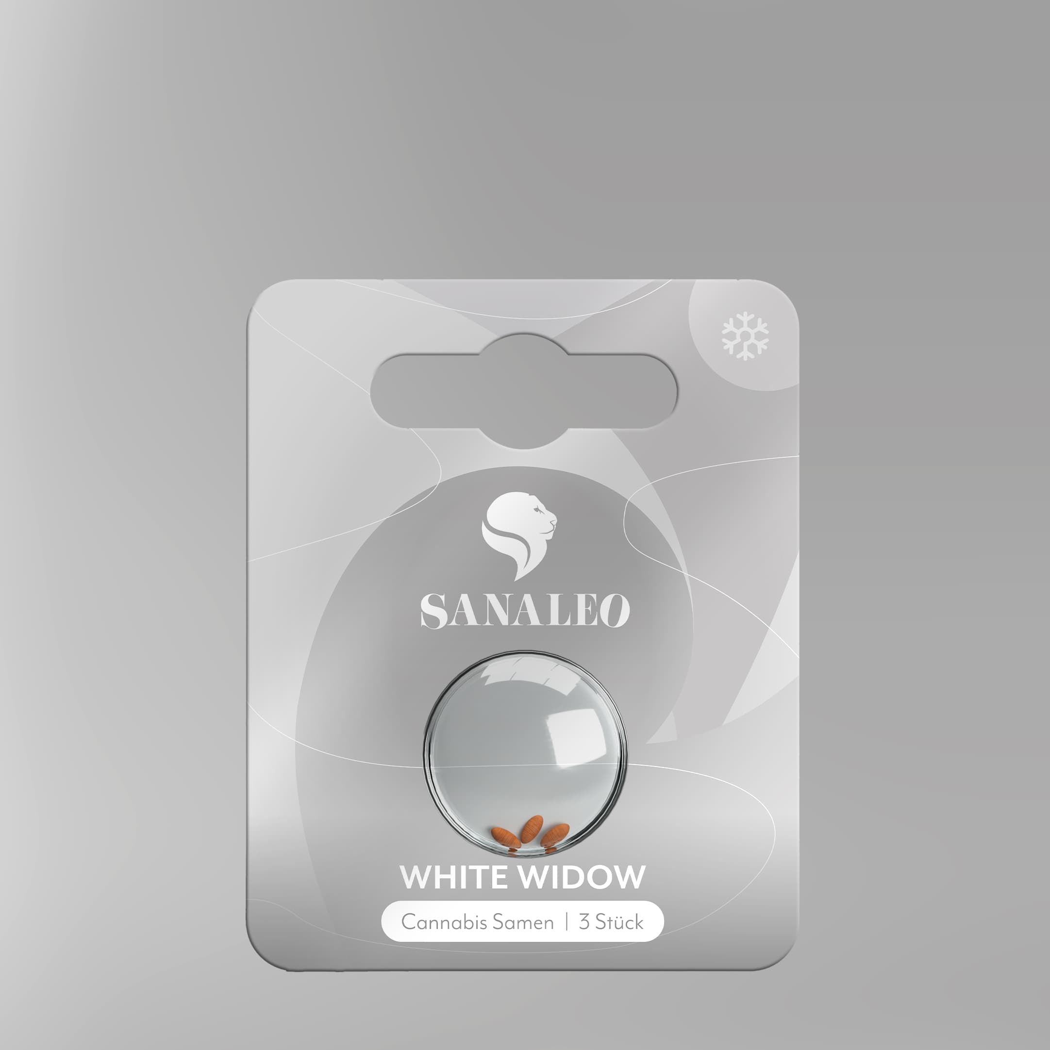 Sanaleo White Widow Verpackung: Blisterkarte mit drei sichtbaren Cannabis-Samen