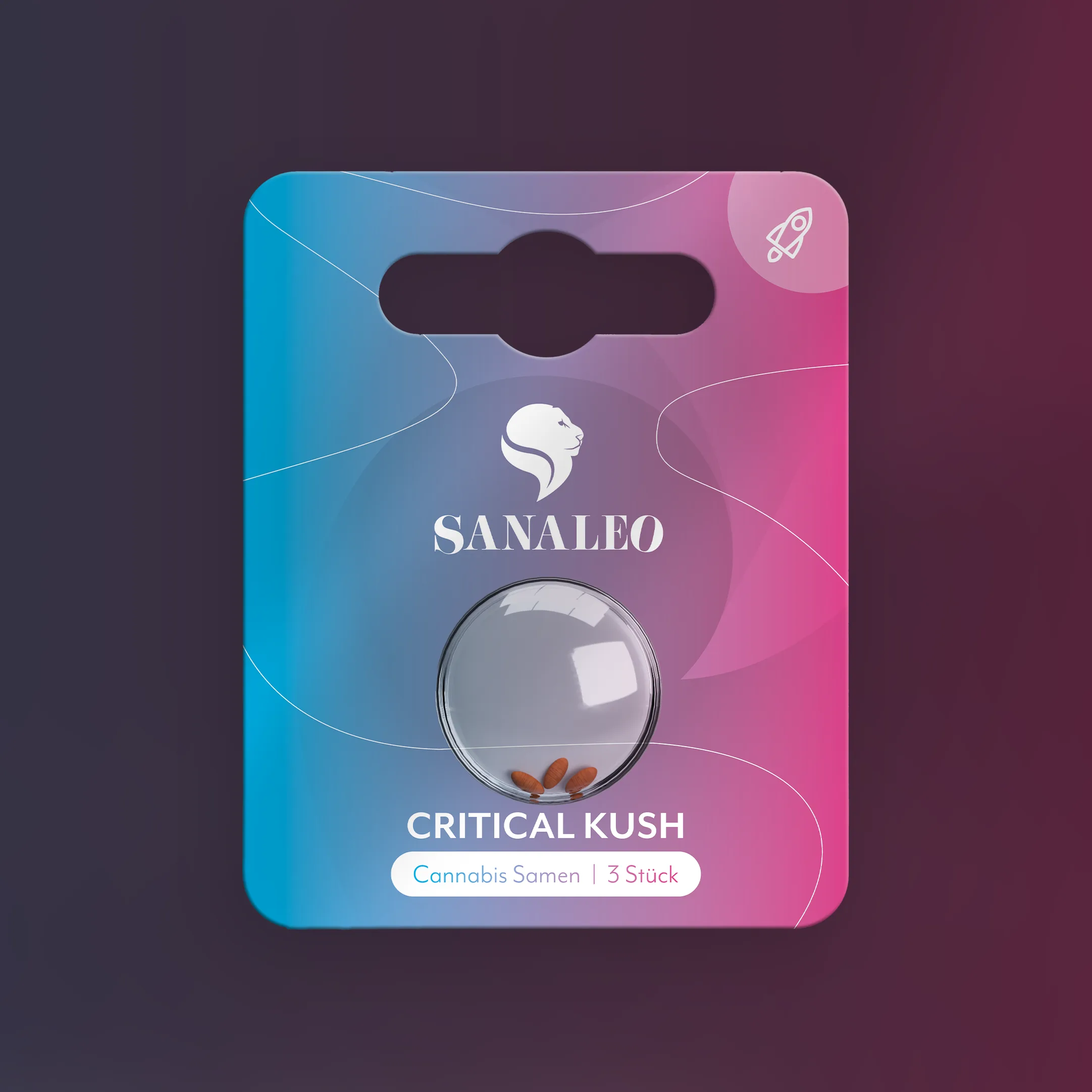 Sanaleo Critical Kush Verpackung mit Blister und 3 Cannabis-Samen, blau-pinkes Design.