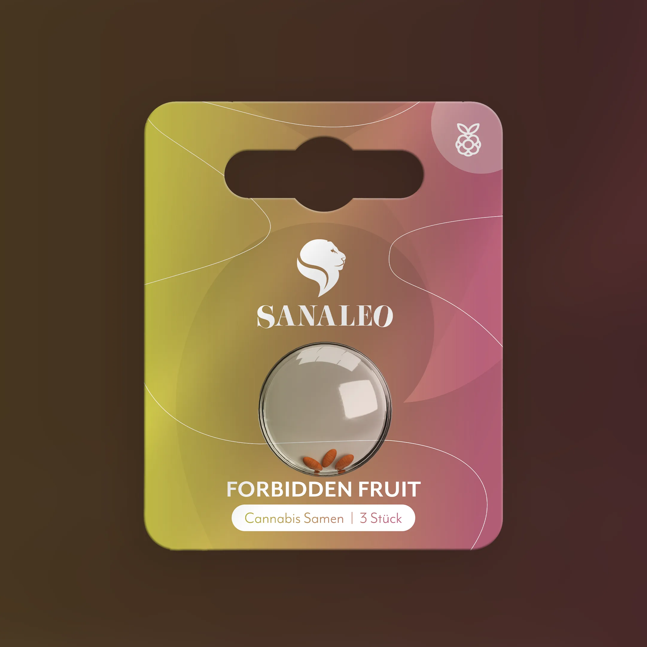 Sanaleo Forbidden Fruit Cannabis Samen Verpackung mit durchsichtigem Blister und 3 Samen
