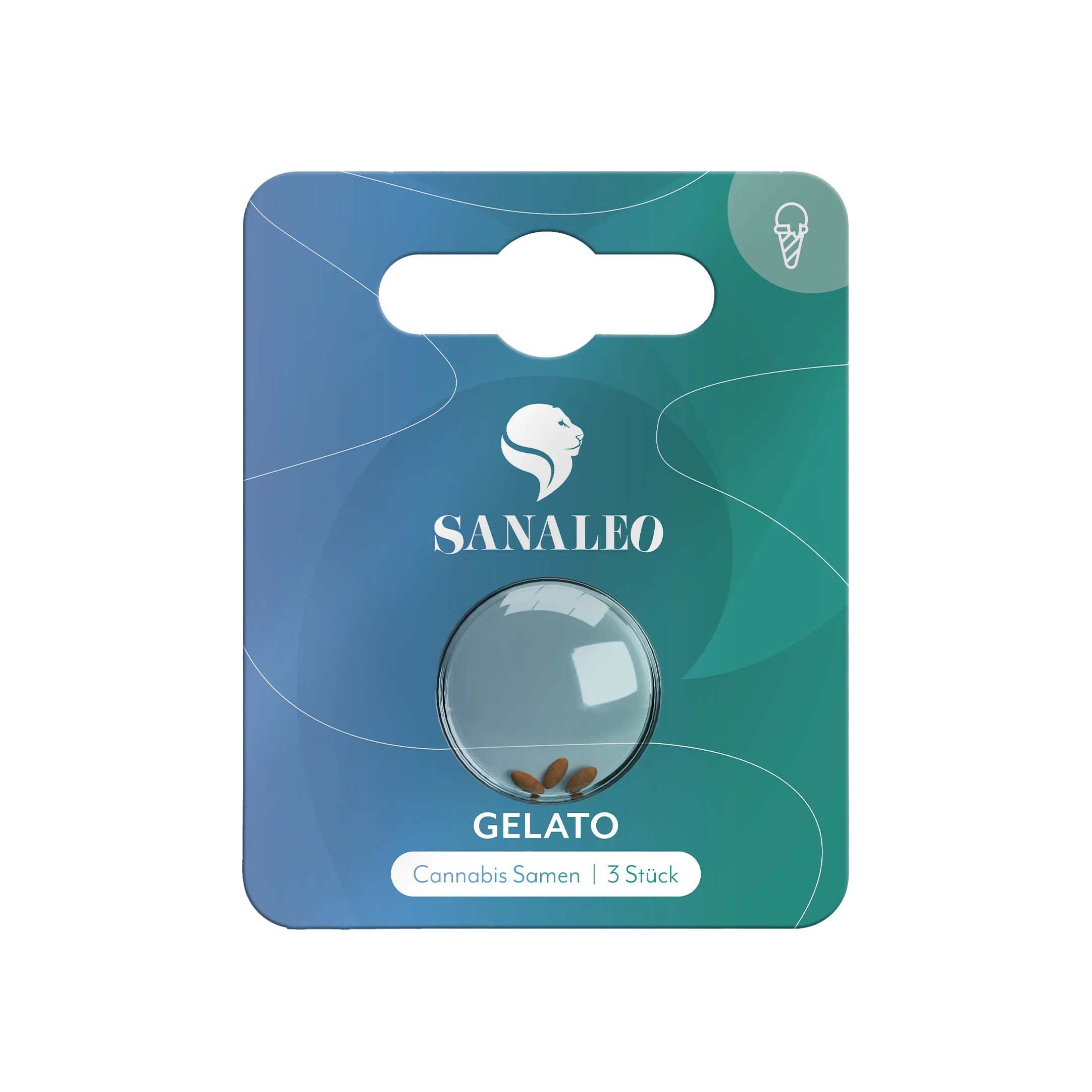 Sanaleo Gelato Cannabis-Samen Verpackung im Blister, drei Samen sichtbar auf blau-grünem Karton