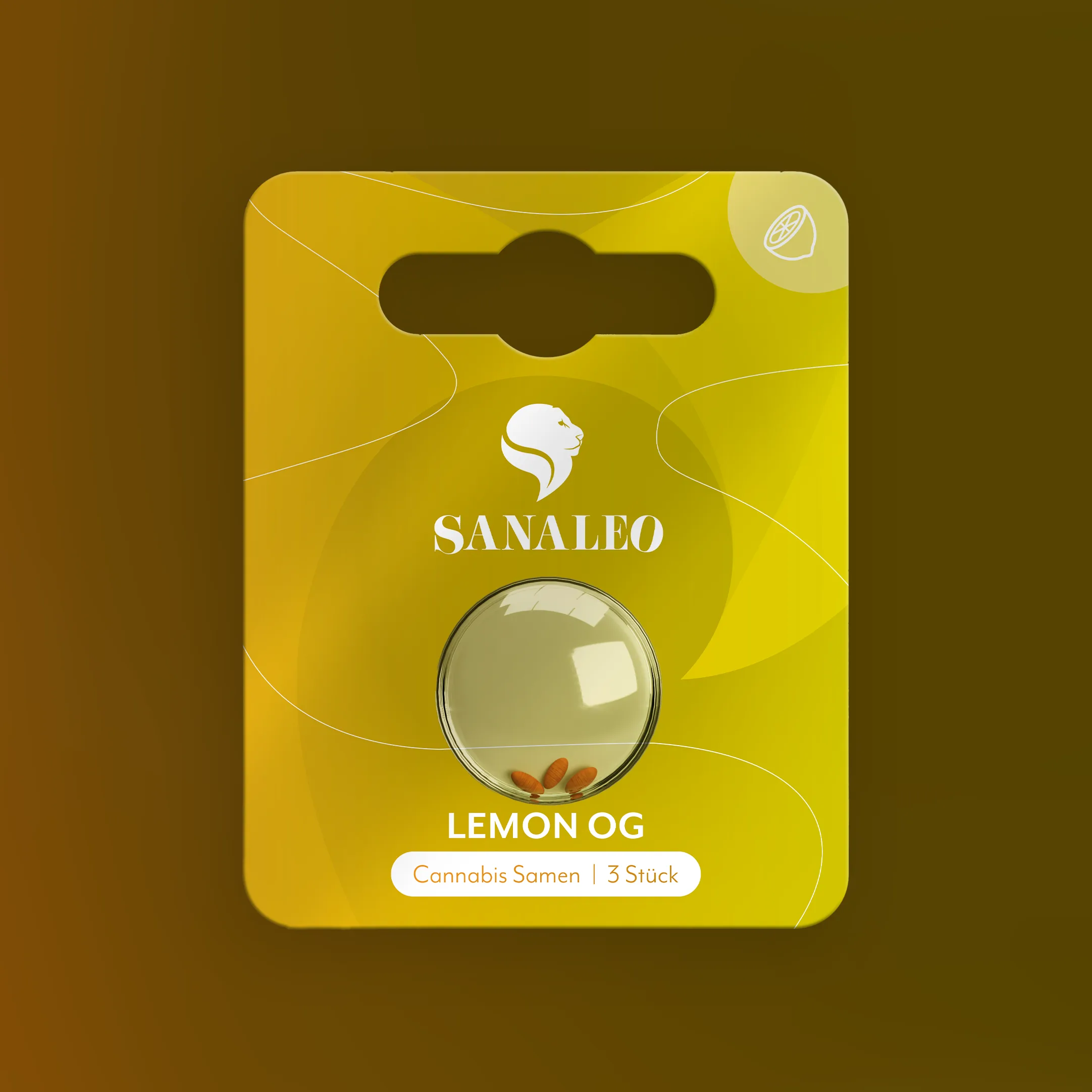 Sanaleo Lemon OG Cannabis Samen Verpackung mit Sichtfenster, 3 Samen