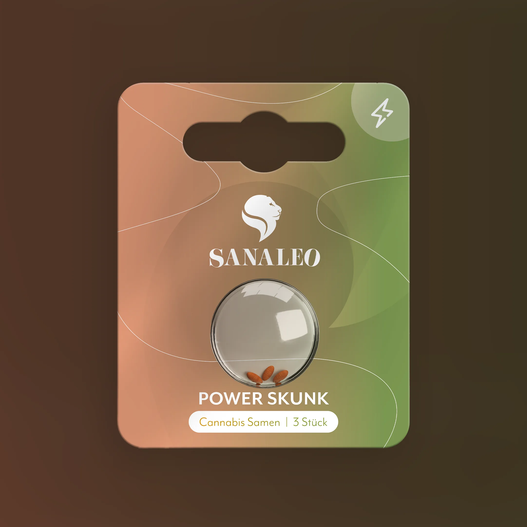 Verpackung mit Sanaleo Power Skunk Cannabis-Samen, Blister mit 3 Samen