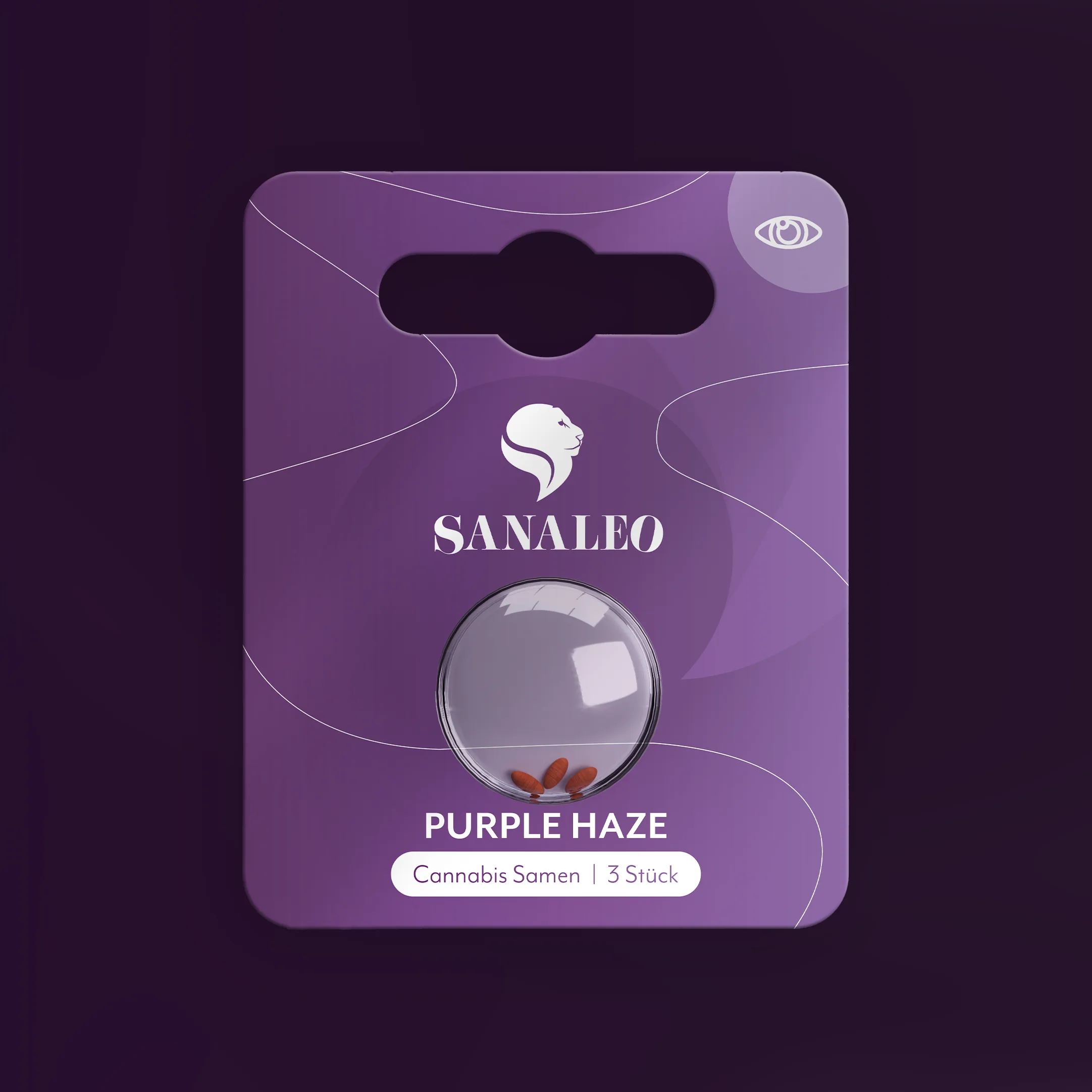 Sanaleo Purple Haze Cannabis-Samen Verpackung, 3 Stück im Sichtfenster
