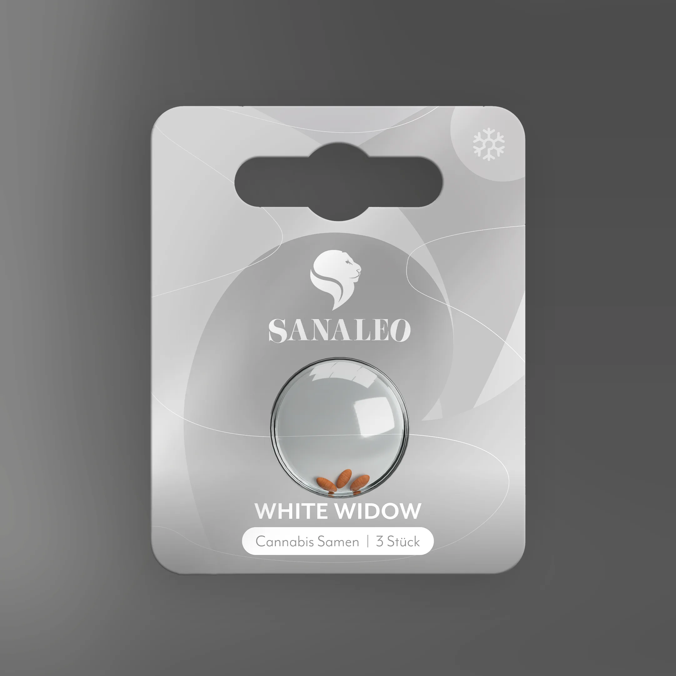 Sanaleo White Widow Verpackung: Blisterkarte mit drei sichtbaren Cannabis-Samen