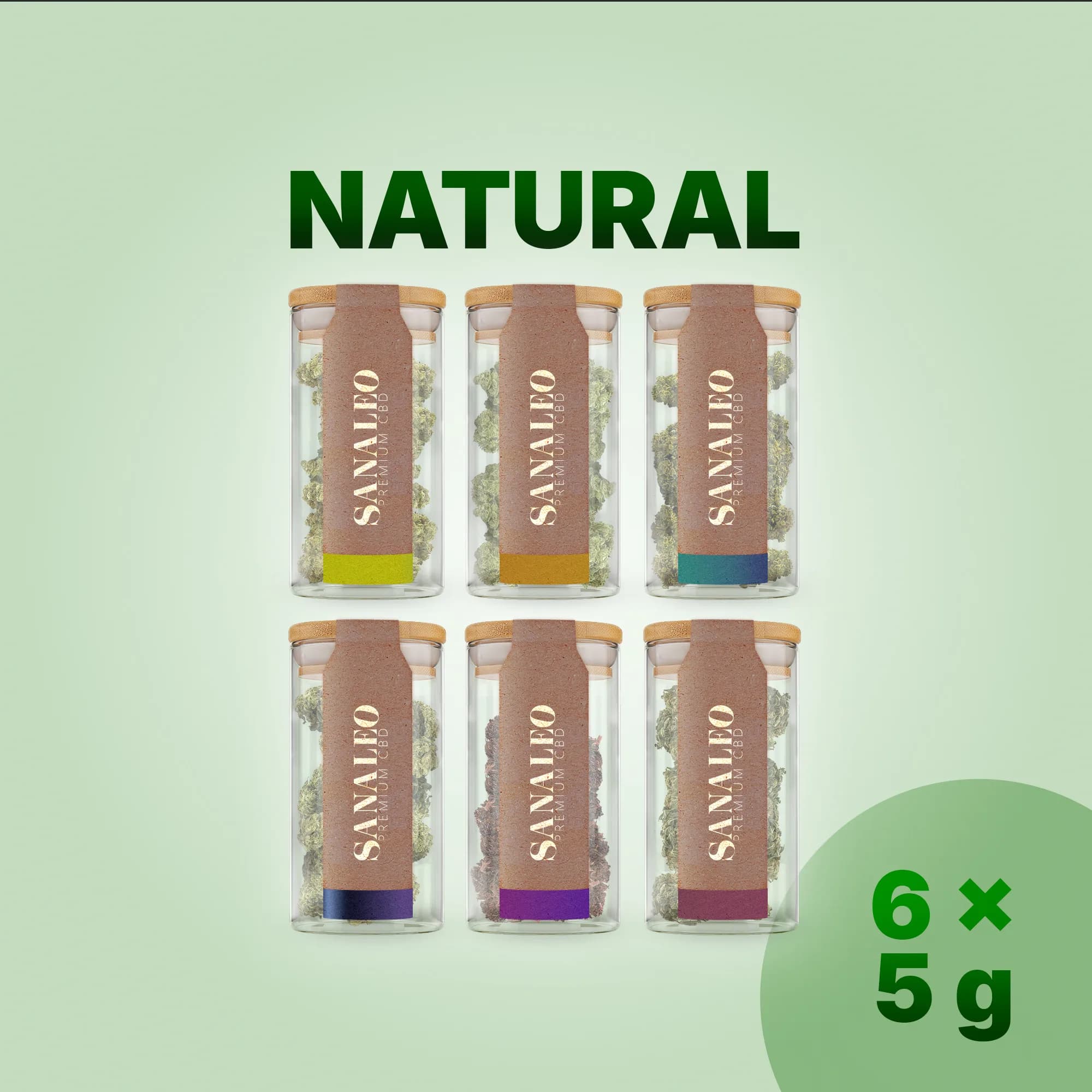 Sechs Glasdosen mit Korkdeckel und CBD-Blüten, Sanaleo Etiketten, 6×5g