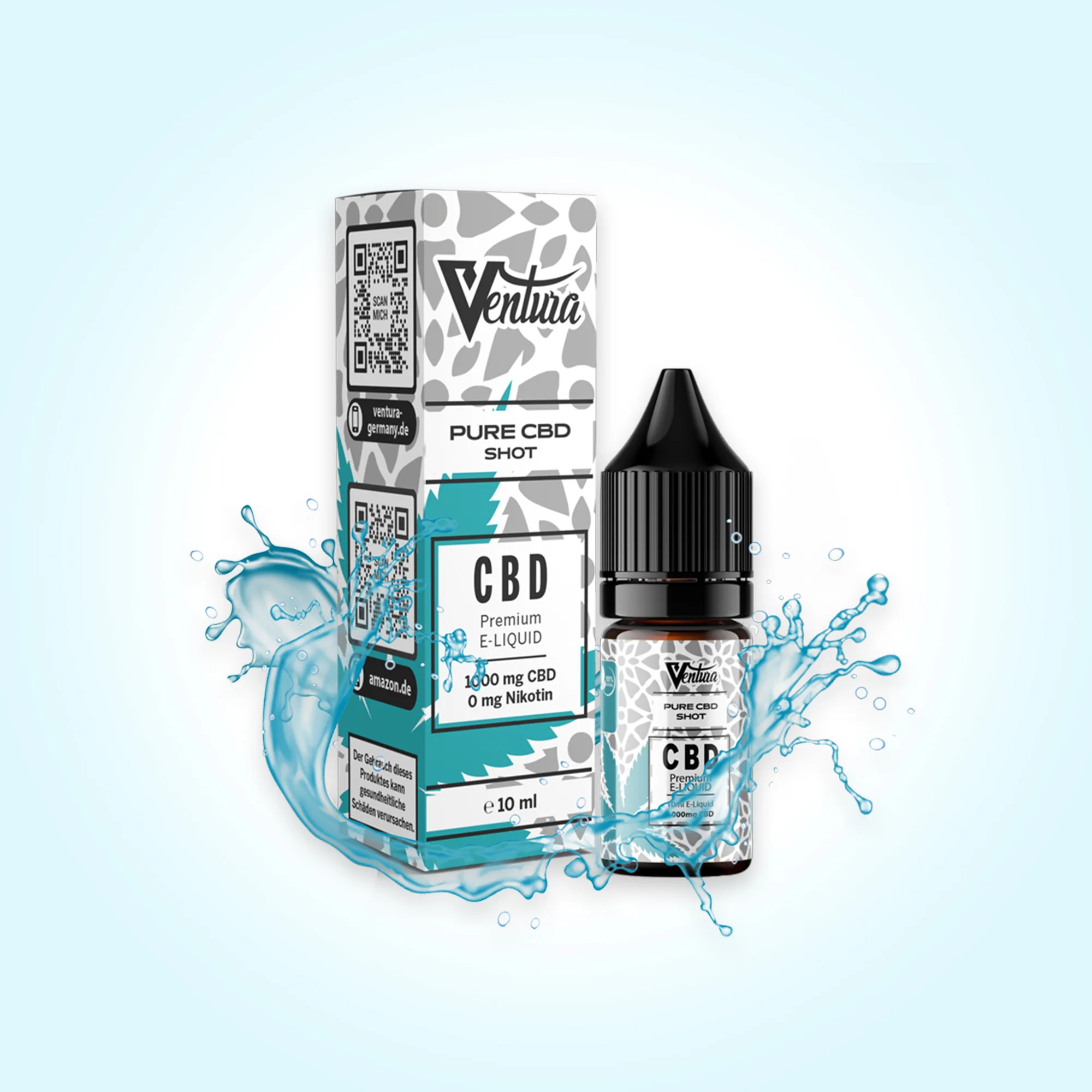 CBD E-Liquid 10 ml Fläschchen und Verpackung 'Ventura' mit 1000 mg CBD