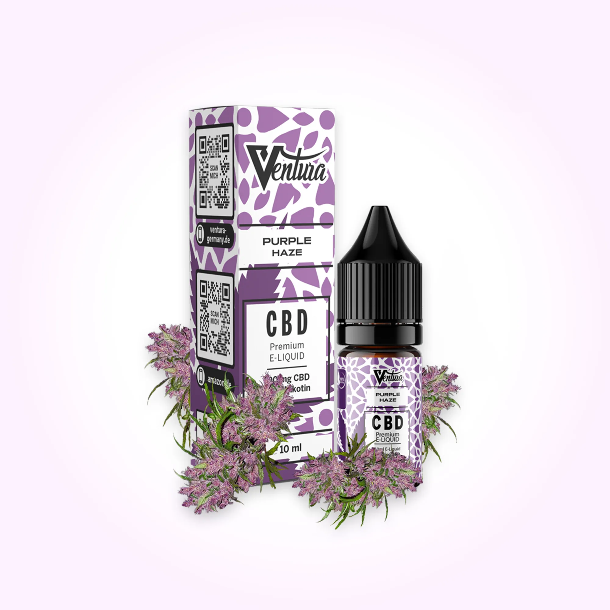 Ventura Purple Haze CBD E-Liquid 10 ml Flasche und Box mit lila Hanfblüten