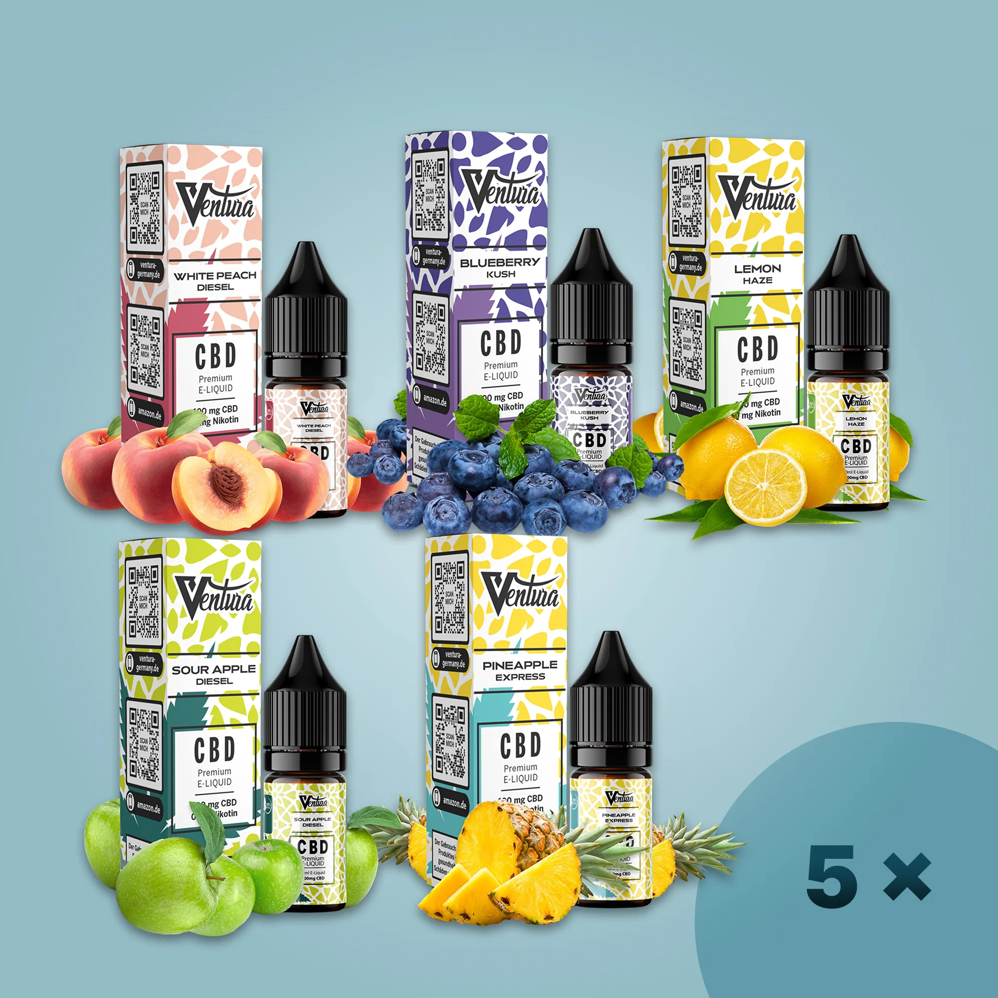 Set mit 5 Ventura CBD E-Liquids: Pfirsich, Heidelbeere, Zitrone, Apfel, Ananas
