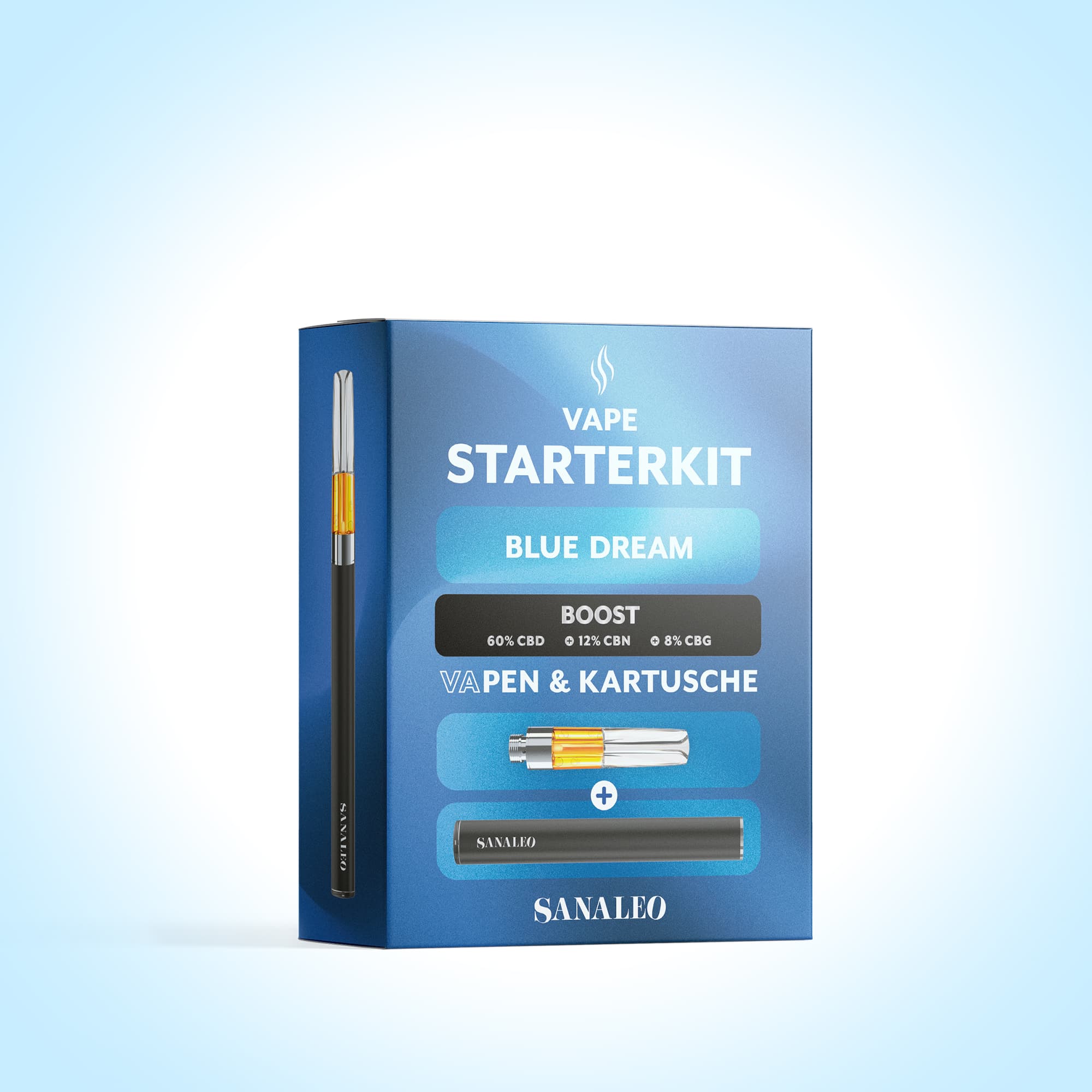 Blaues Vape Starterkit mit Pen und Kartusche, Blue Dream Geschmack, 60% CBD + 12% CBN + 8% CBG, Marke Sanaleo